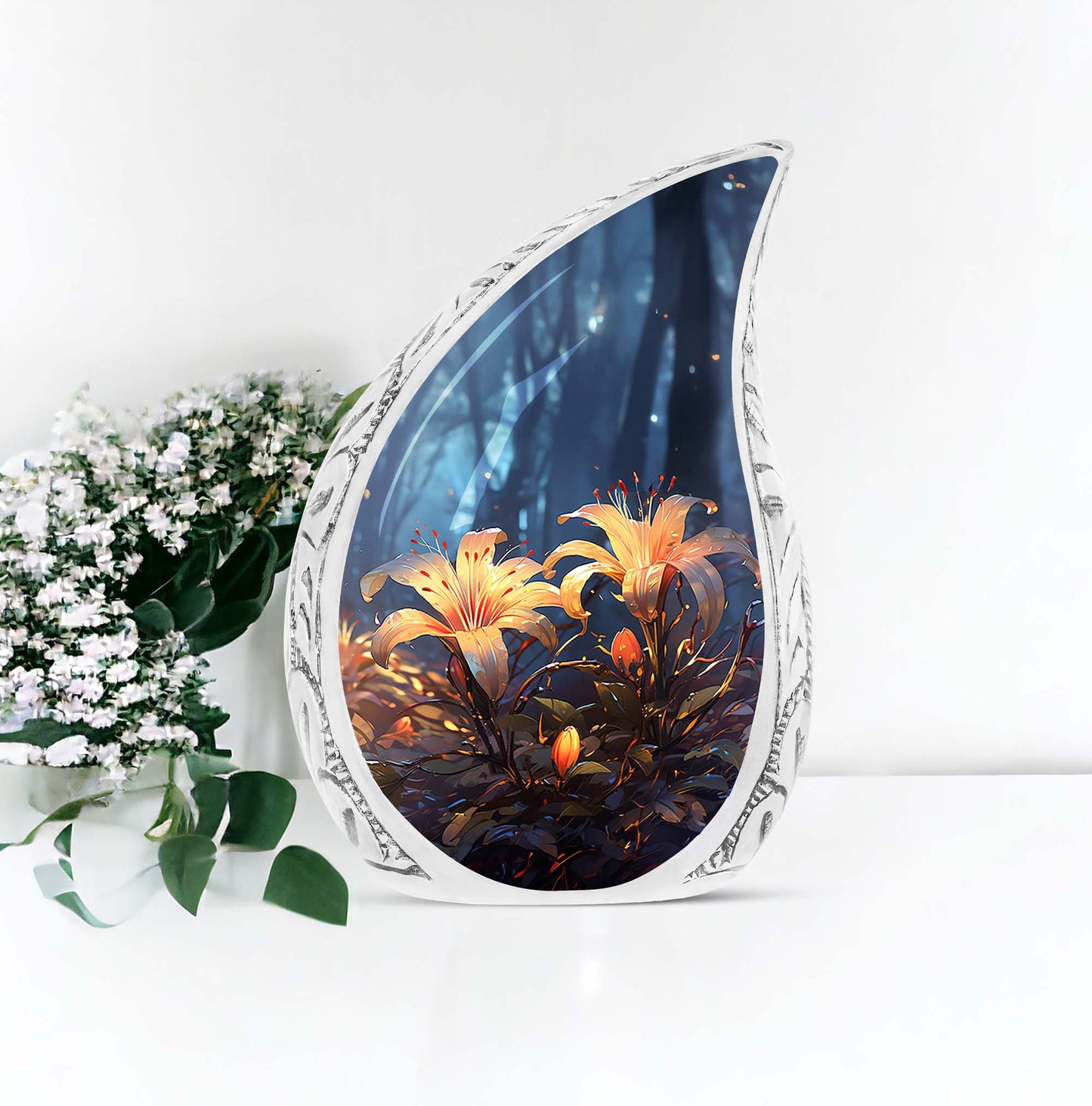 Elegant large urn for ashes featuring a beautiful yellow lilly, suitable for women, designed for burial in ground or metal cremation