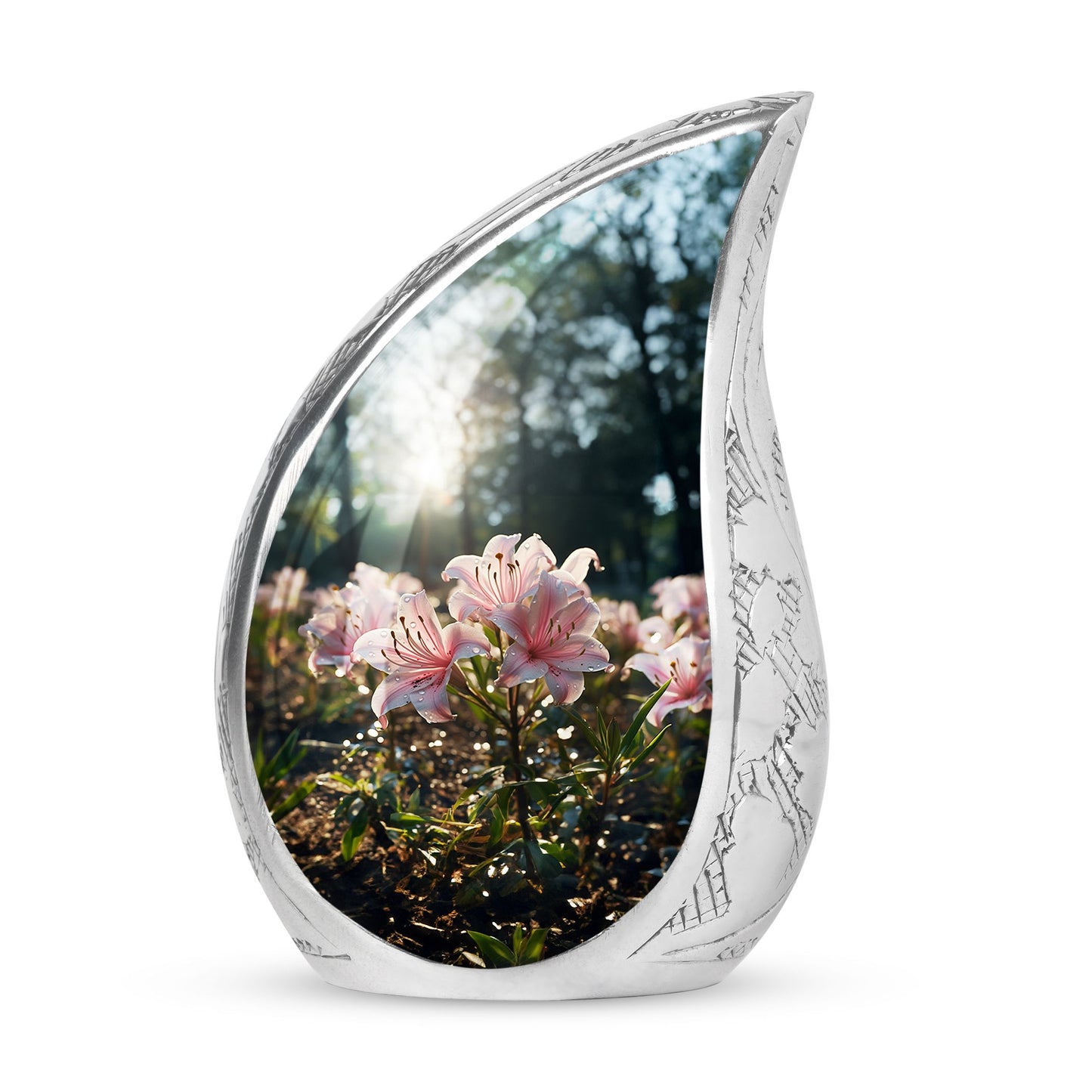 Large memorial urn for men, featuring a striking design of a lily with a water drop, ideal for cremation ashes