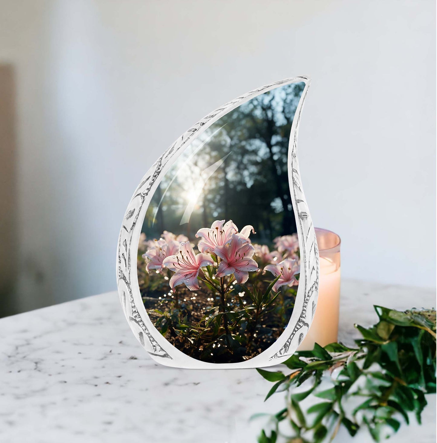 Large memorial urn for men, featuring a striking design of a lily with a water drop, ideal for cremation ashes