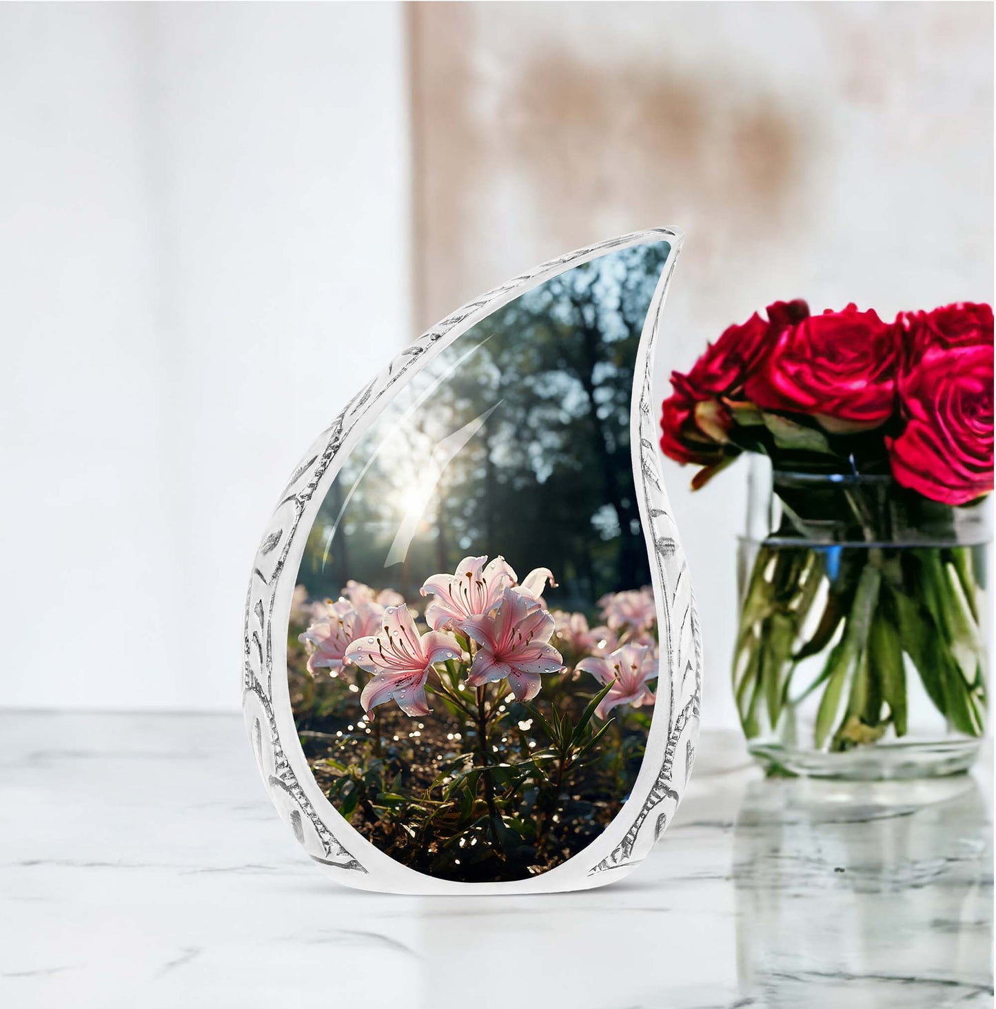 Large memorial urn for men, featuring a striking design of a lily with a water drop, ideal for cremation ashes