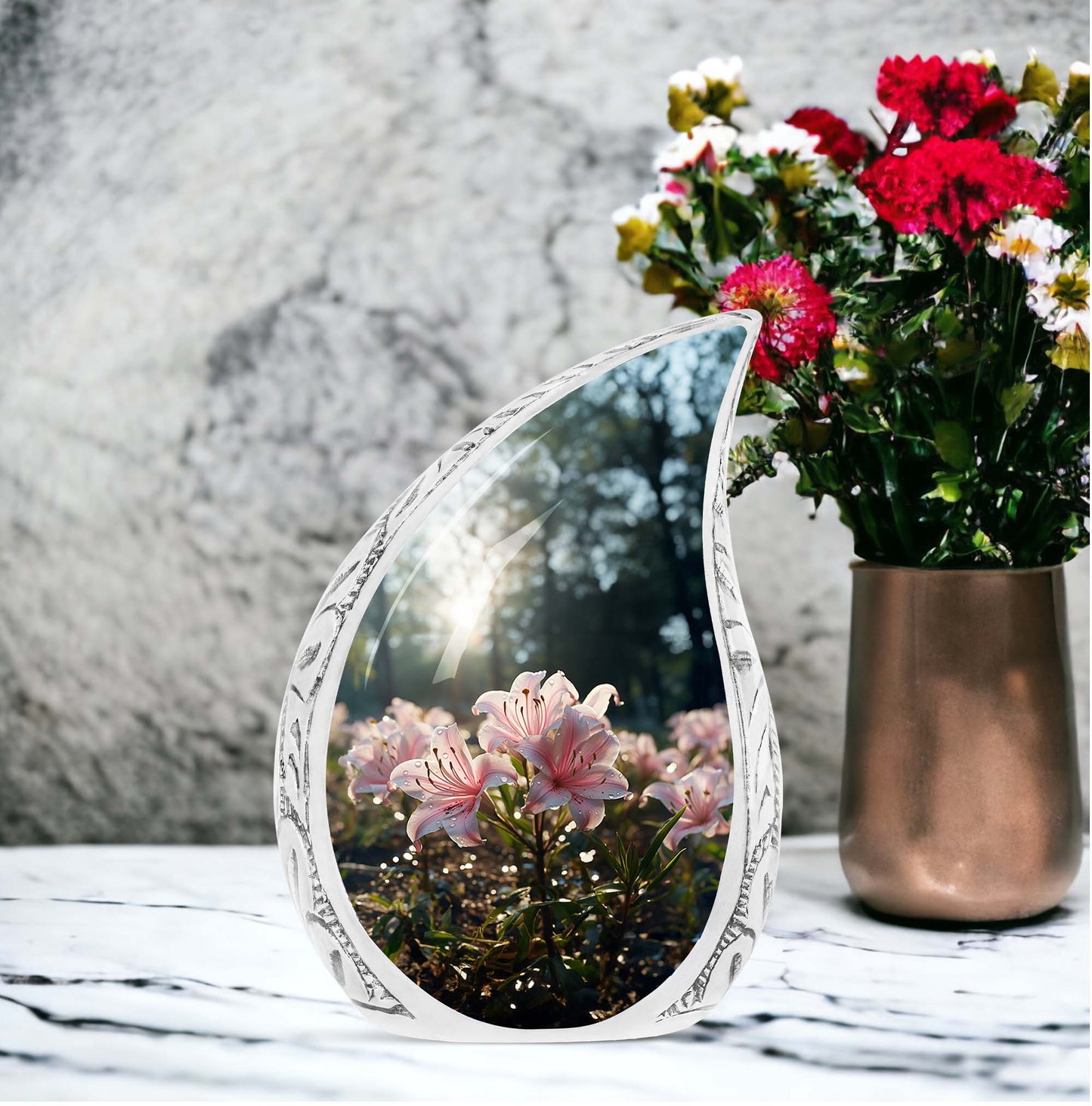 Large memorial urn for men, featuring a striking design of a lily with a water drop, ideal for cremation ashes