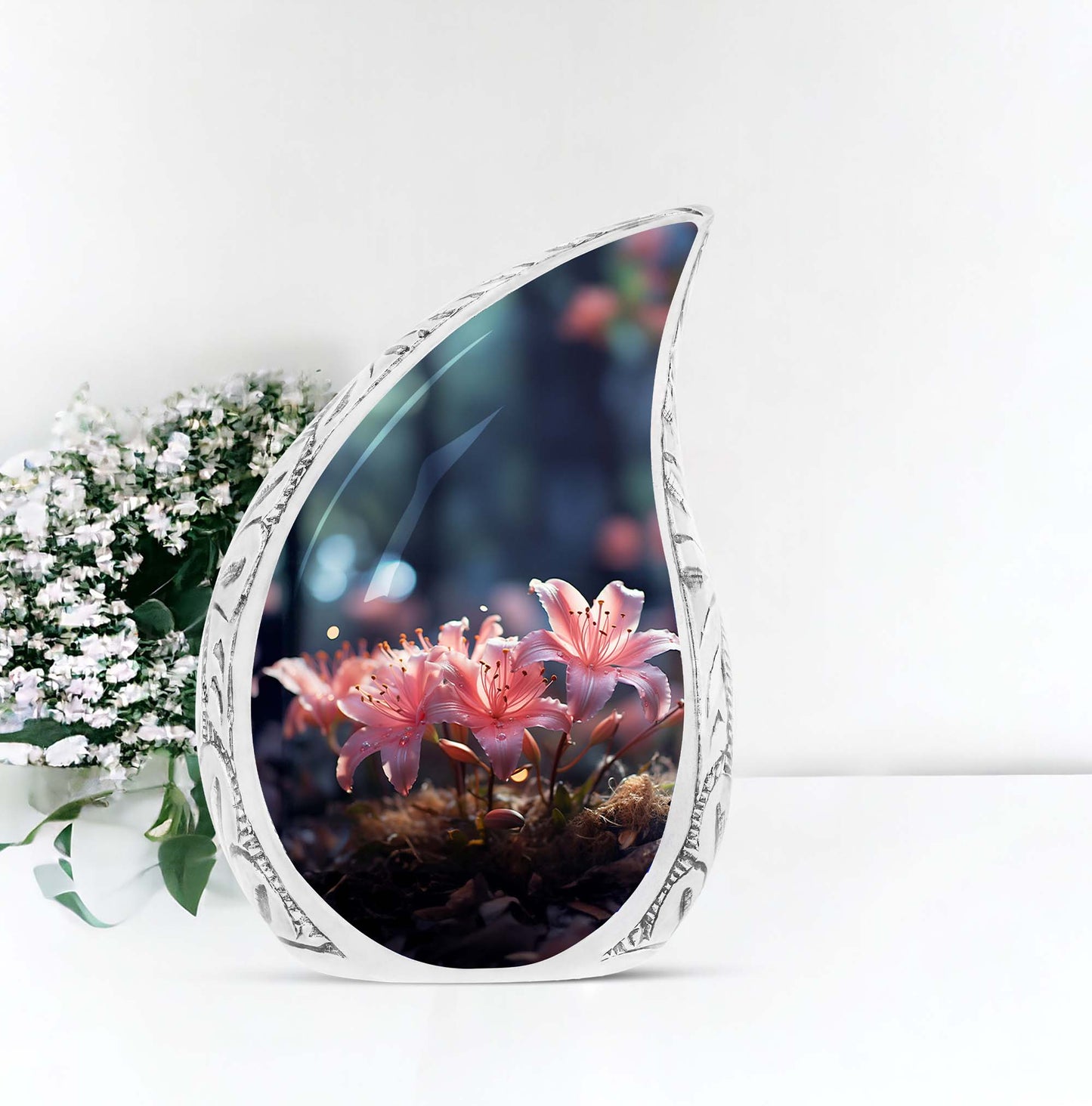 Large pink lilly decorated burial urn for adult ashes, with delicate water drop detail