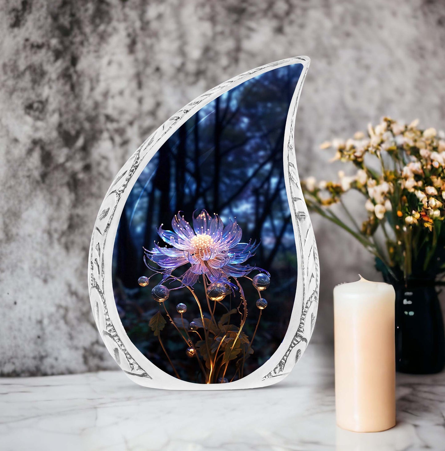 Large urn for adult male ashes featuring a fantasy lily design, ideal for memorized cremation preservation