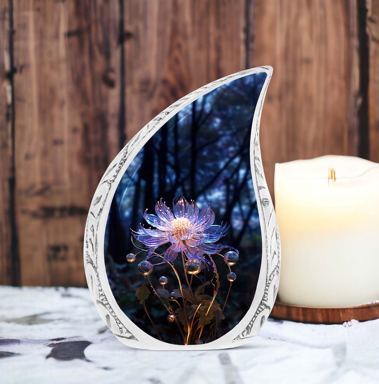 Large urn for adult male ashes featuring a fantasy lily design, ideal for memorized cremation preservation