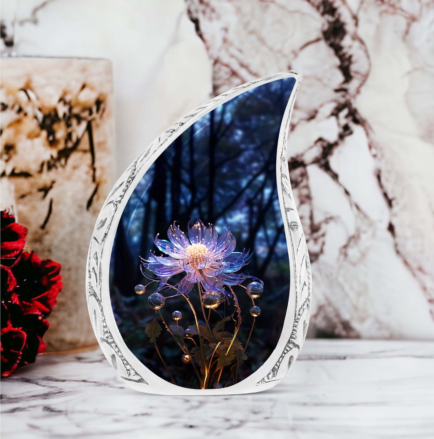 Large urn for adult male ashes featuring a fantasy lily design, ideal for memorized cremation preservation