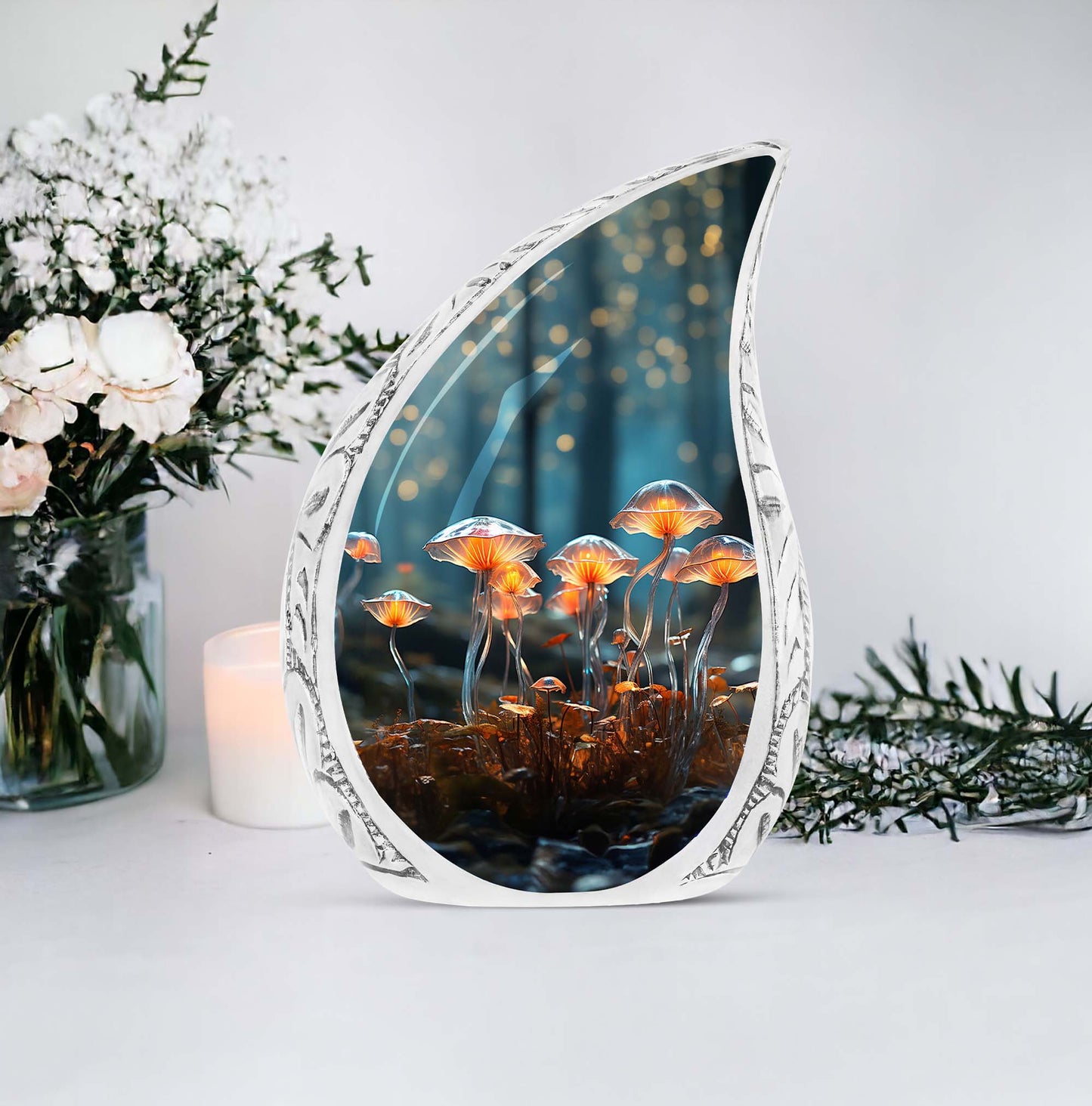 Unique lighting mushroom design on large cremation urns, ideal for adult men's ashes, exemplifying funeral and memorial urns