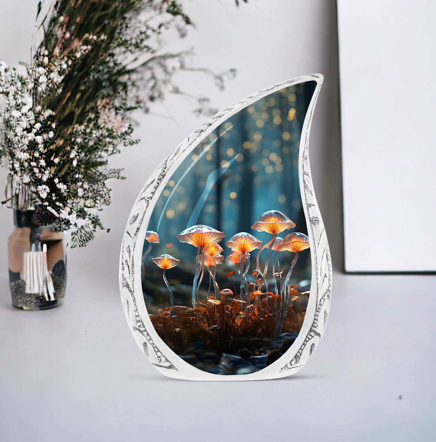 Unique lighting mushroom design on large cremation urns, ideal for adult men's ashes, exemplifying funeral and memorial urns