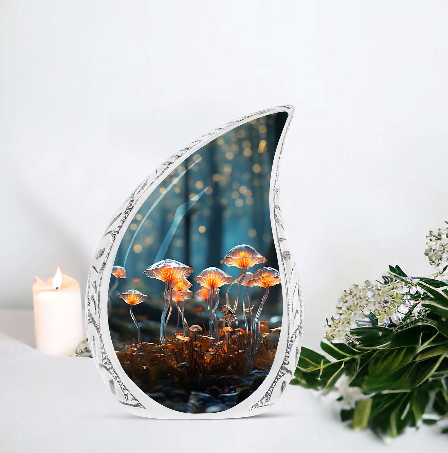 Unique lighting mushroom design on large cremation urns, ideal for adult men's ashes, exemplifying funeral and memorial urns