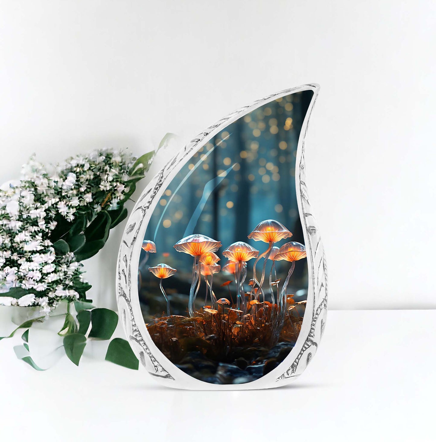 Unique lighting mushroom design on large cremation urns, ideal for adult men's ashes, exemplifying funeral and memorial urns