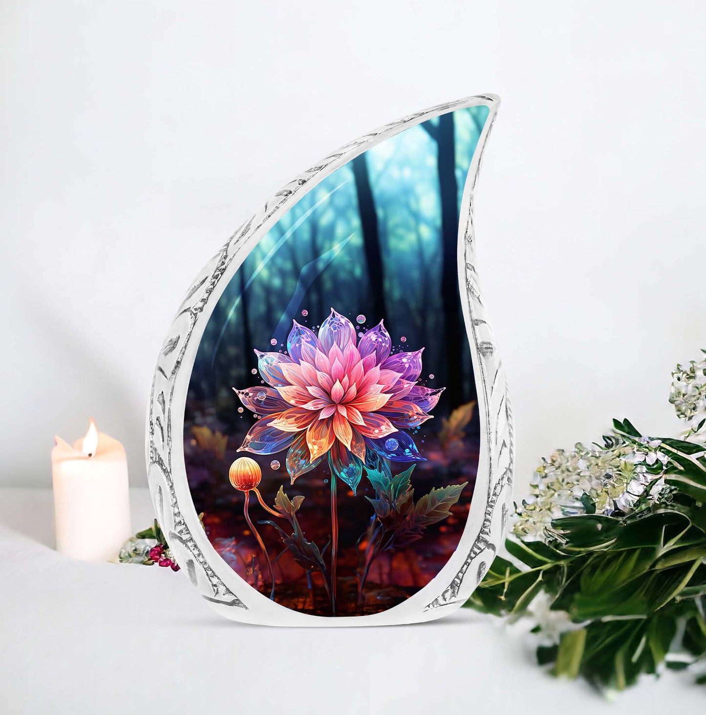 Large, decorative hologram Lilly urn for storing ashes of adult female or male person