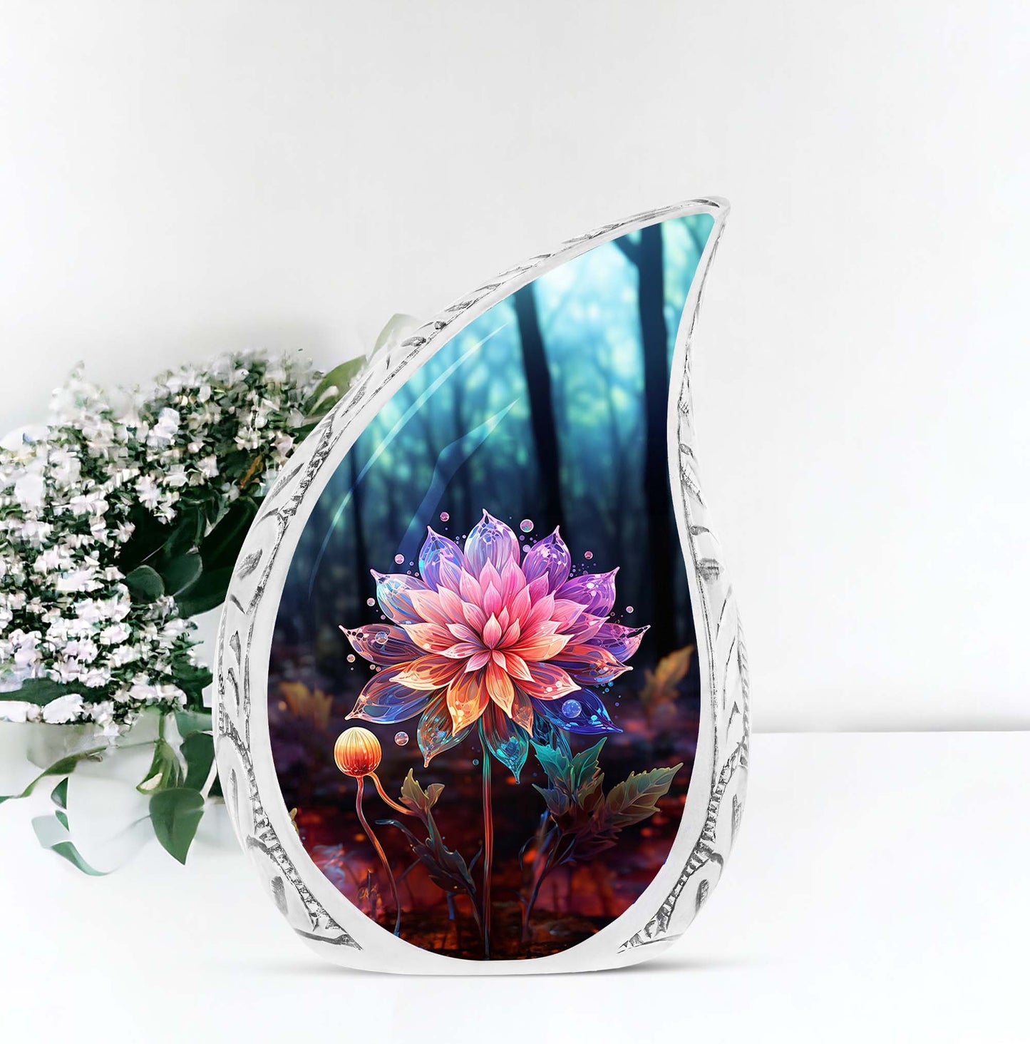 Large, decorative hologram Lilly urn for storing ashes of adult female or male person