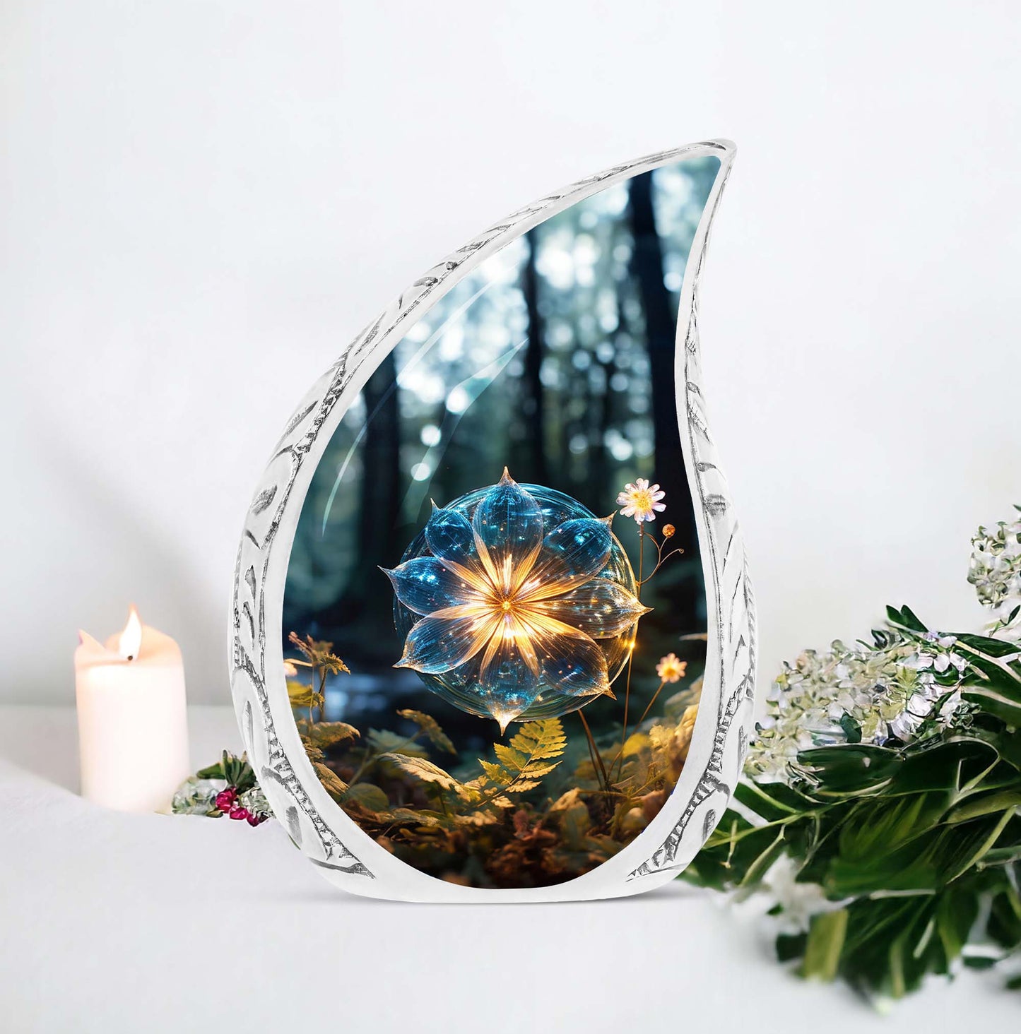 Elegant glass Lilly large cremation urn, decorative and designed specifically for female ashes