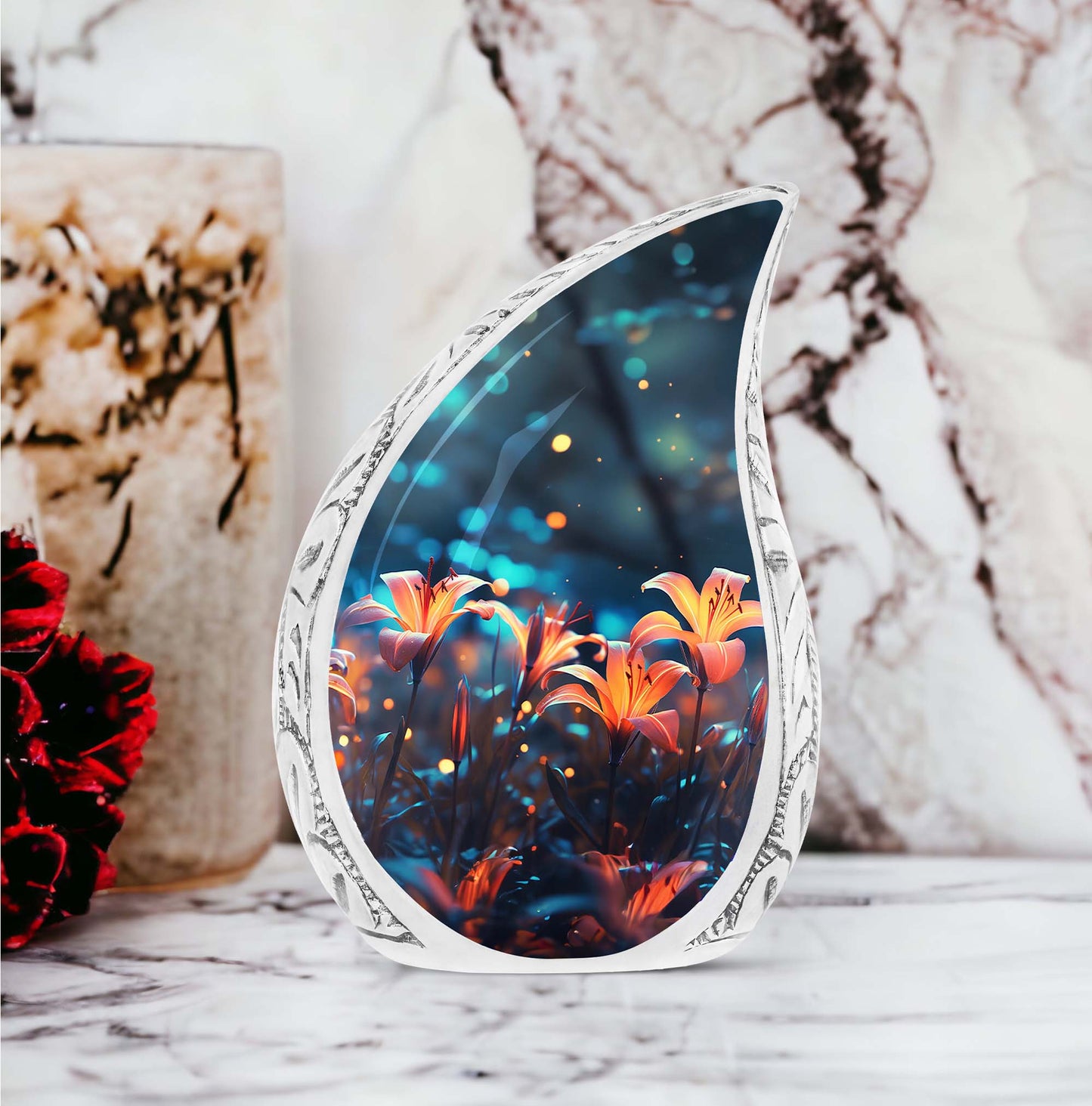 Large metal cremation urn for adult male ashes with a glowing lily on a dark background