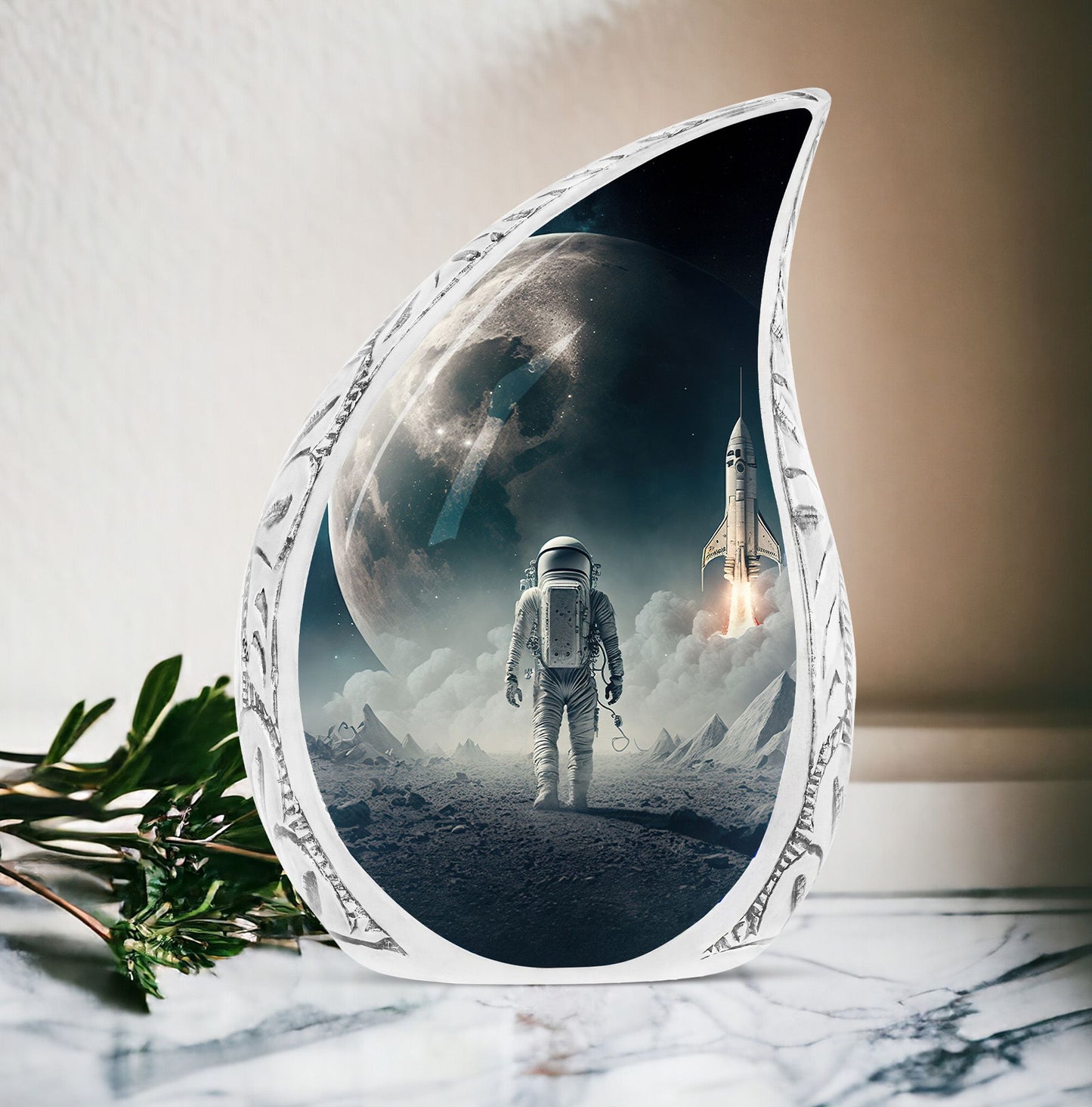 Large decorative urn for adults depicting an astronaut exploring Mars, suitable for funerals and memorials