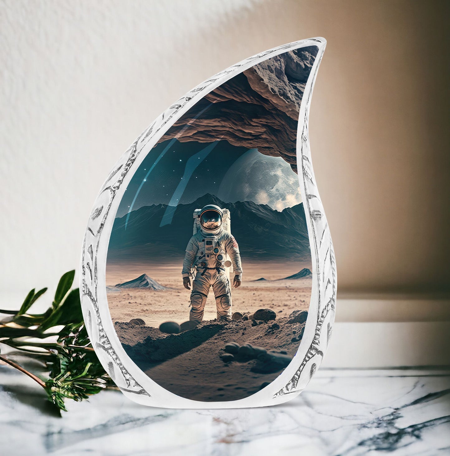 Large burial urn for adult human ashes with an astronaut in open space illustration design