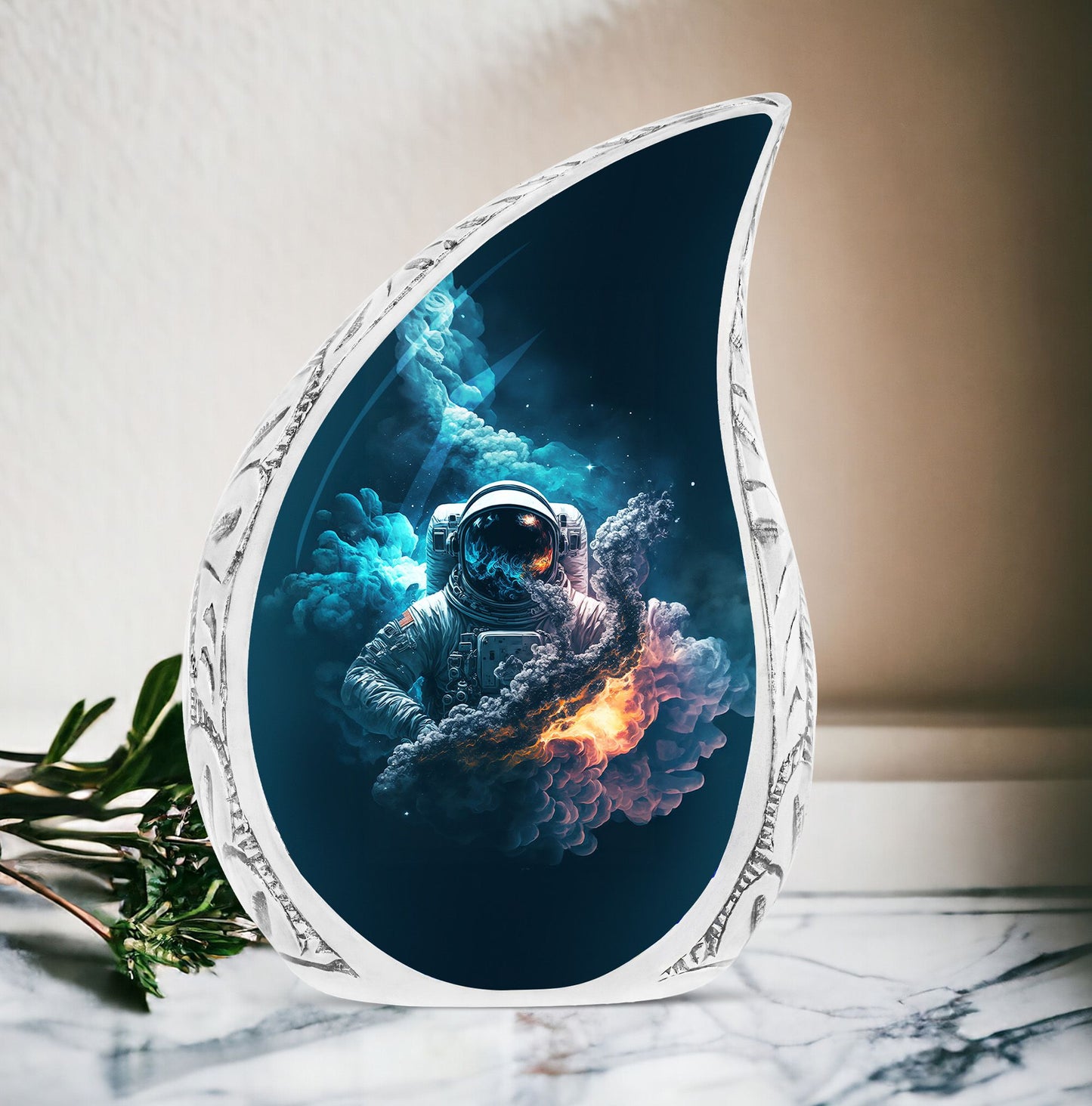 Unique large urn for mother's ashes with astronaut space double exposure design, perfect for burial or decorative use