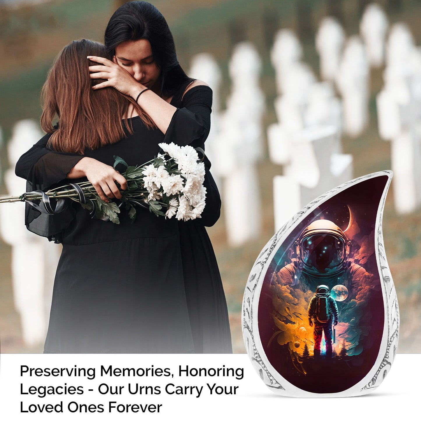 Large cremation urn featuring astronaut space suit designs, a unique vase for human ashes