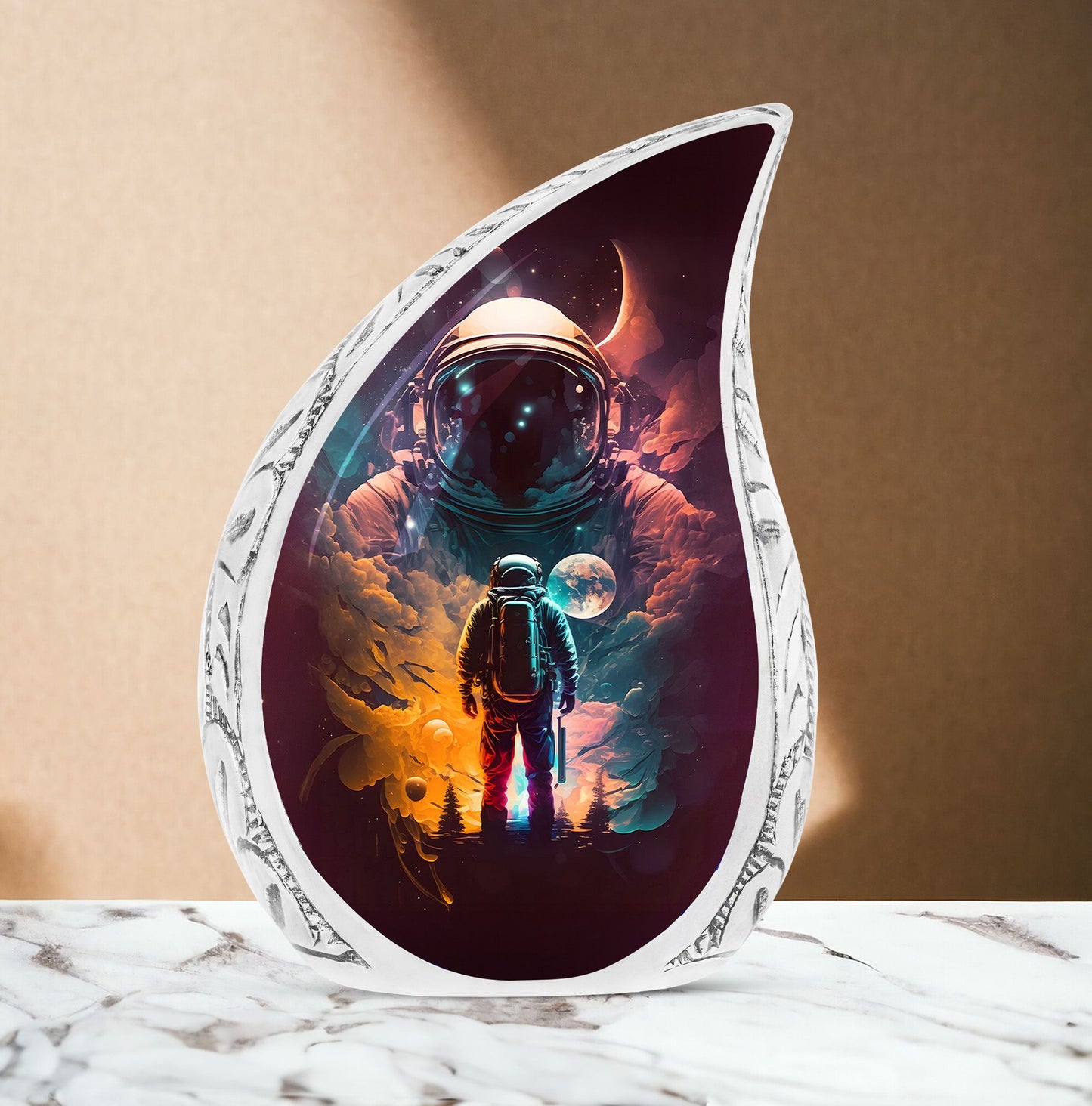Large cremation urn featuring astronaut space suit designs, a unique vase for human ashes