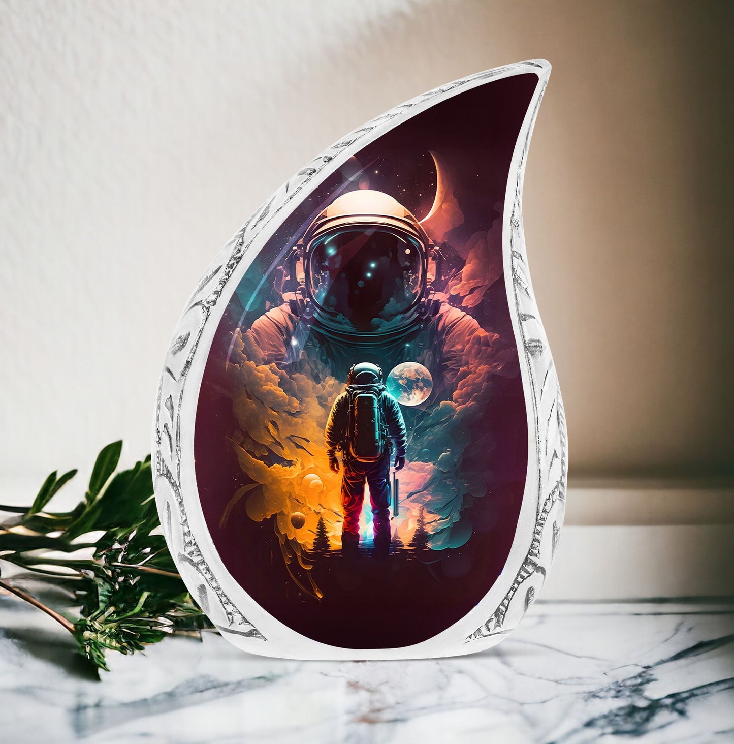 Large cremation urn featuring astronaut space suit designs, a unique vase for human ashes