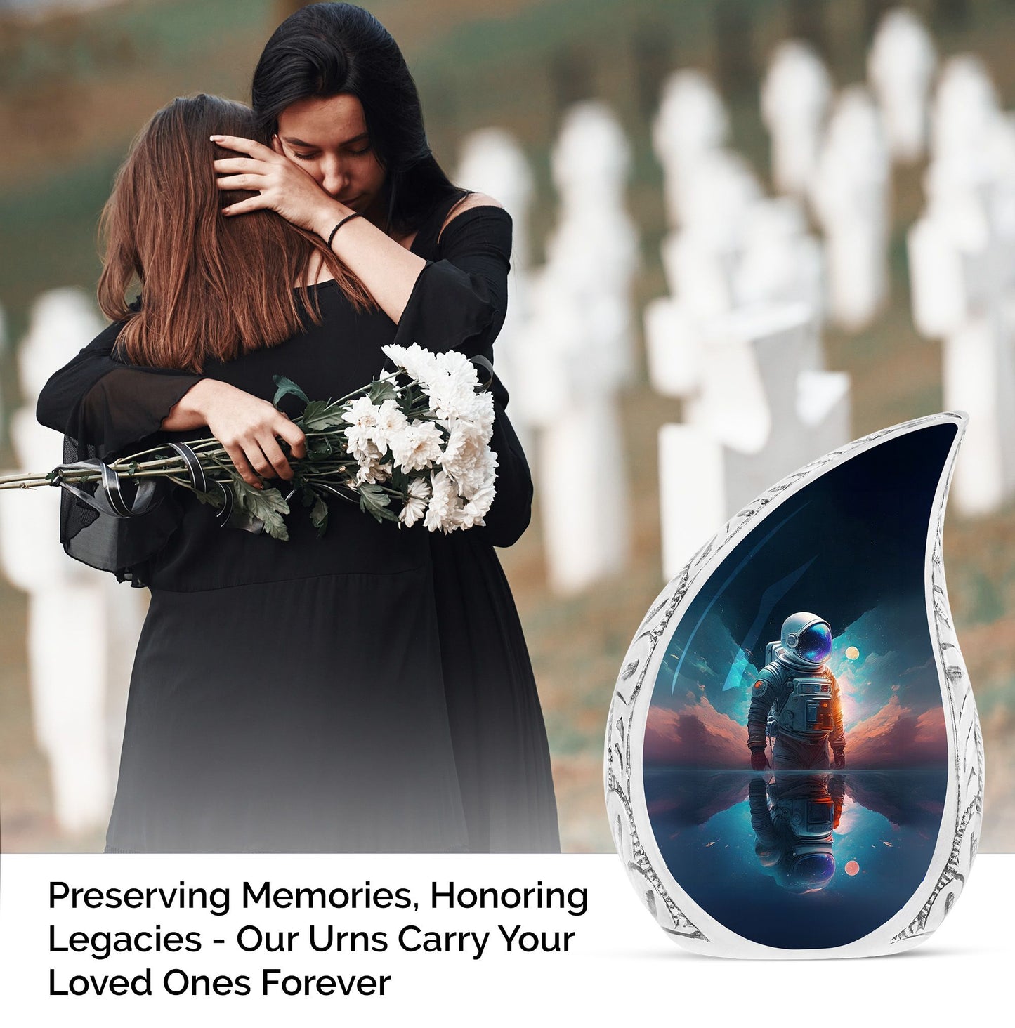 Large cremation urn with astronaut space and planet imagery, ideal for men who loved astronomy