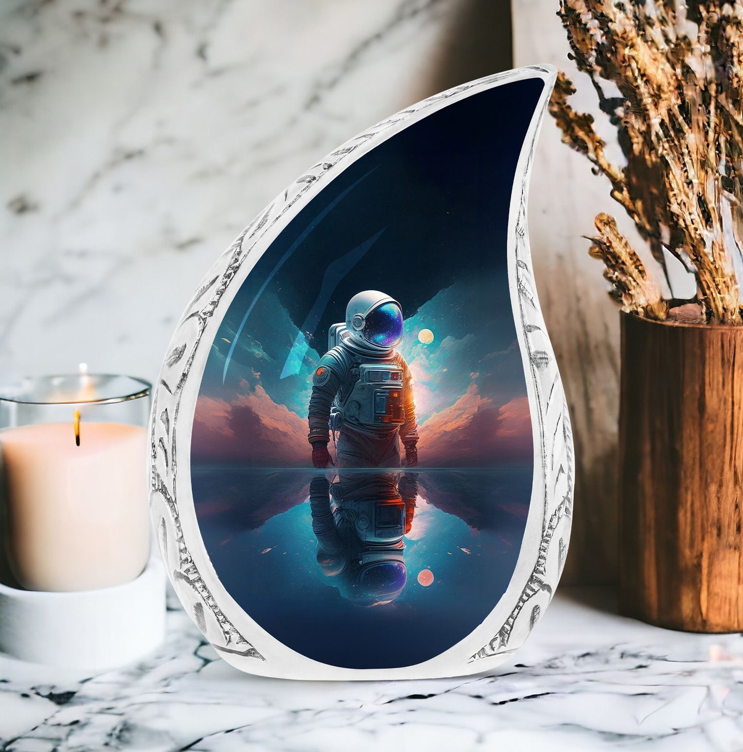 Large cremation urn with astronaut space and planet imagery, ideal for men who loved astronomy
