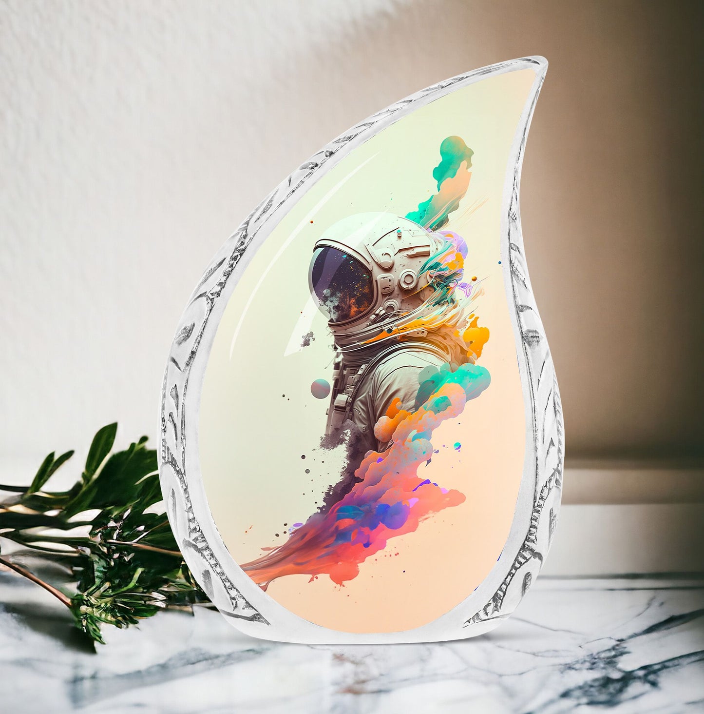 Large urn featuring an astronaut amidst space clouds, suitable for human ashes burial. Ideal cremation urn for adult man.