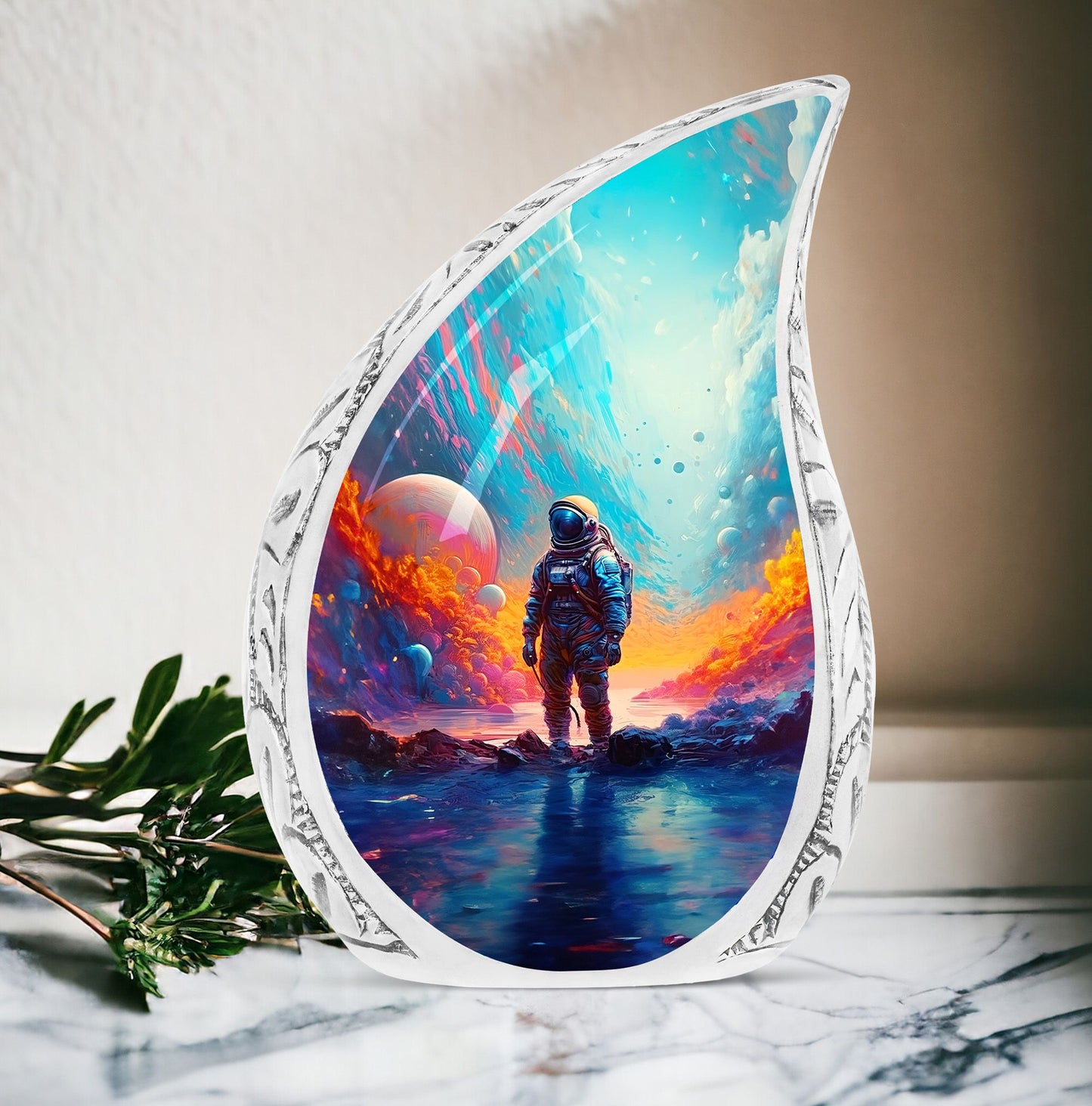 Large Metal Cremation Urn for ashes with Astronaut Spacesuit painted background, Ideal for adult male or female