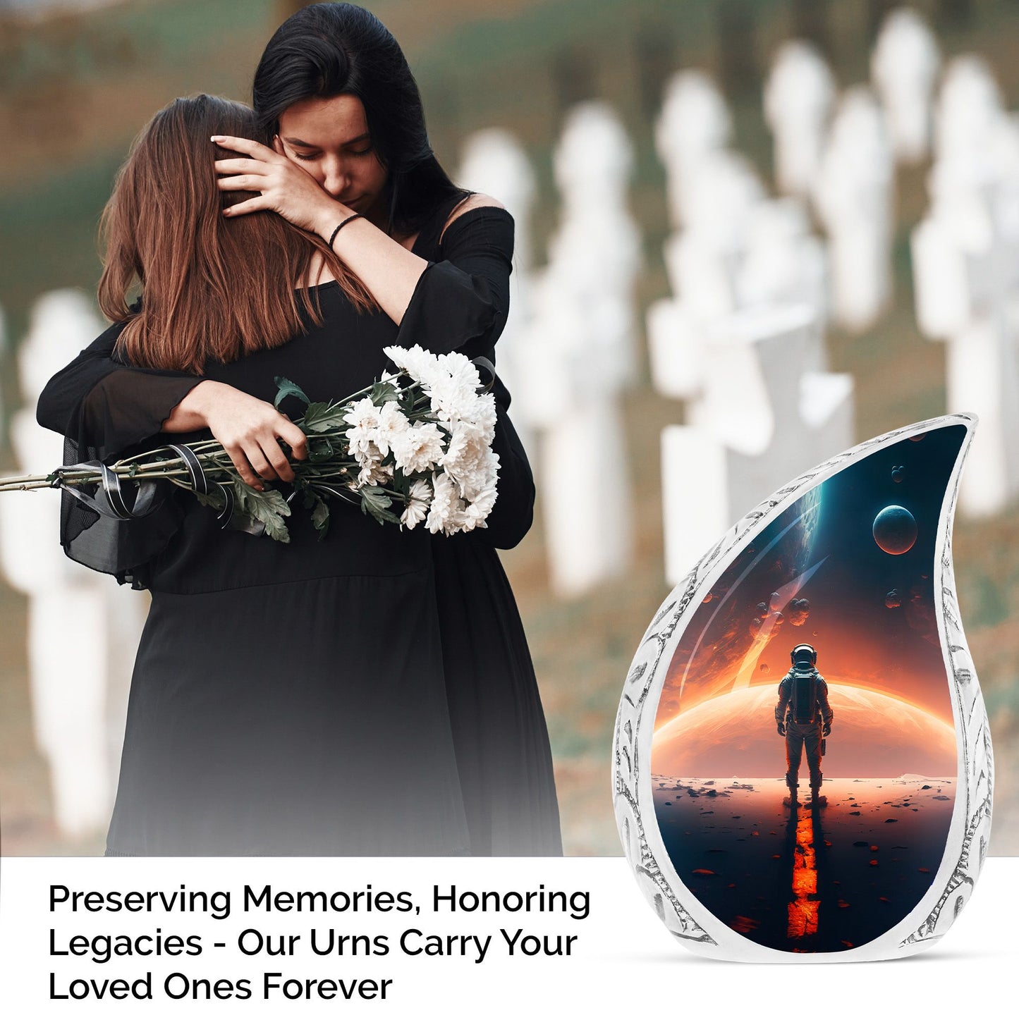 Large urn for adult human ashes, featuring an astronaut artistically facing towards space. In a style suitable for both male and female funerals.