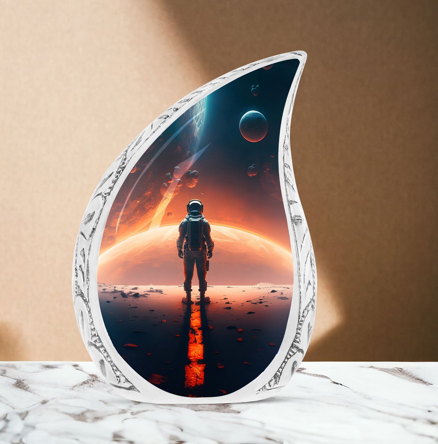 Large urn for adult human ashes, featuring an astronaut artistically facing towards space. In a style suitable for both male and female funerals.