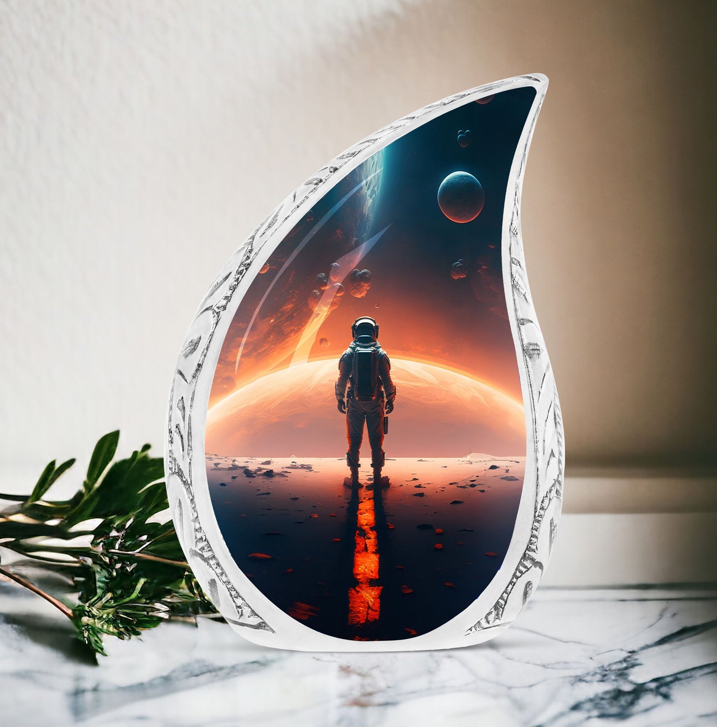 Large urn for adult human ashes, featuring an astronaut artistically facing towards space. In a style suitable for both male and female funerals.