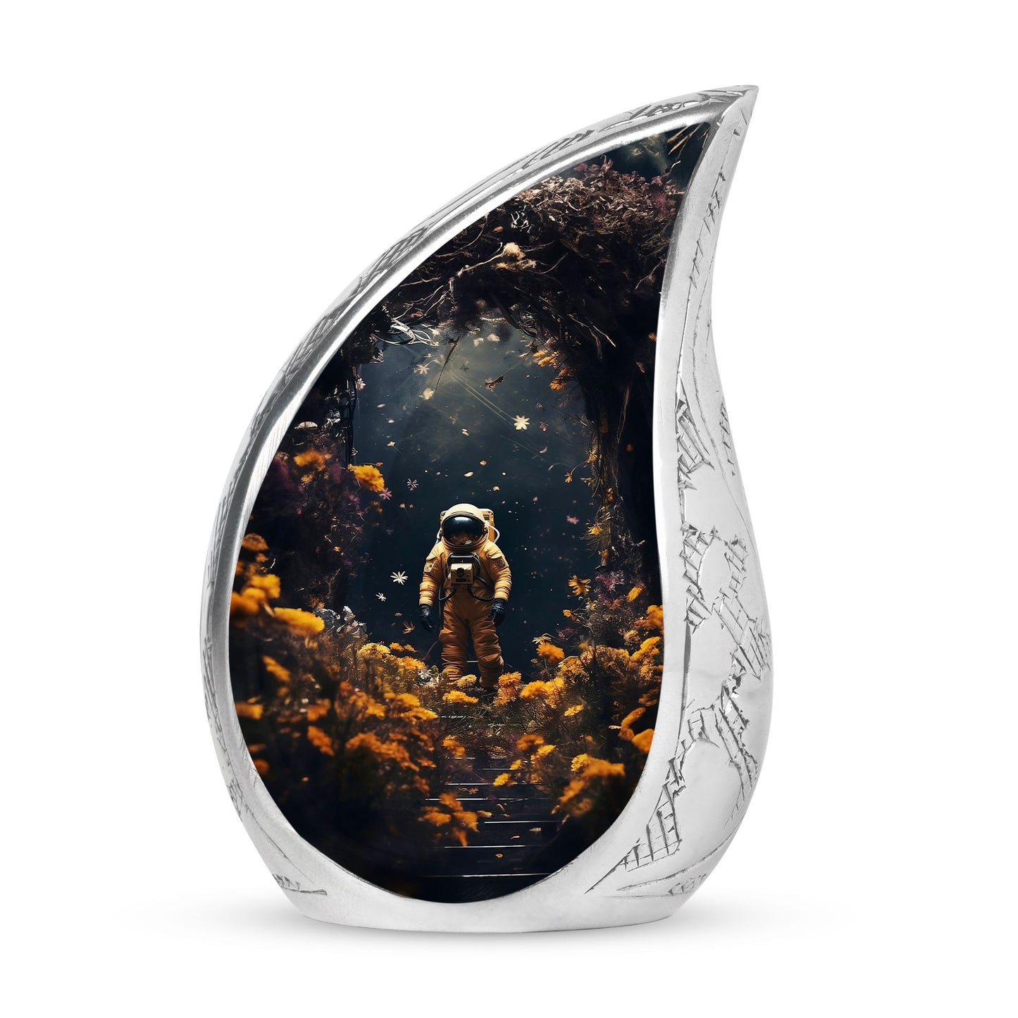 Astronaut Walk Through a Field of Flowers Cremation Urn For Ashes