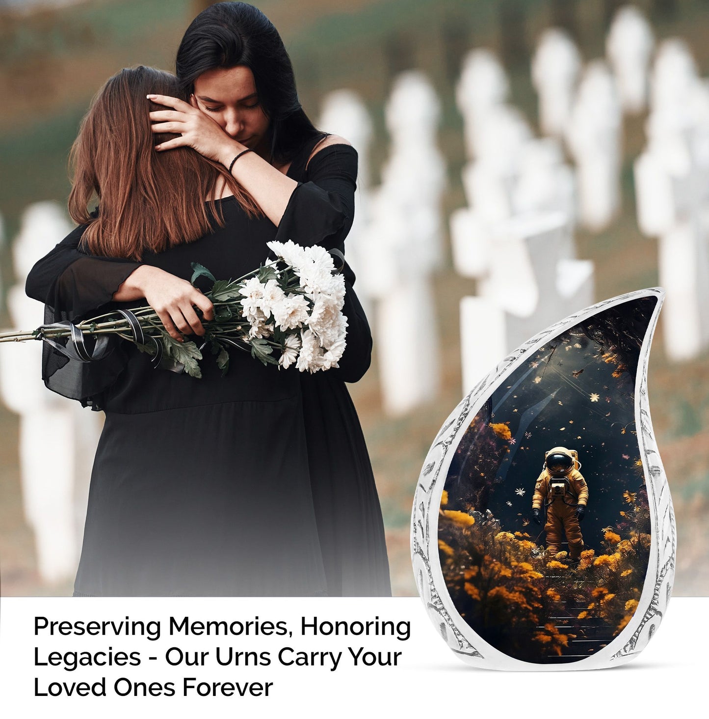 Unique large urn for men displaying an astronaut walking through a field of flowers, ideal for preserving adult human ashes.