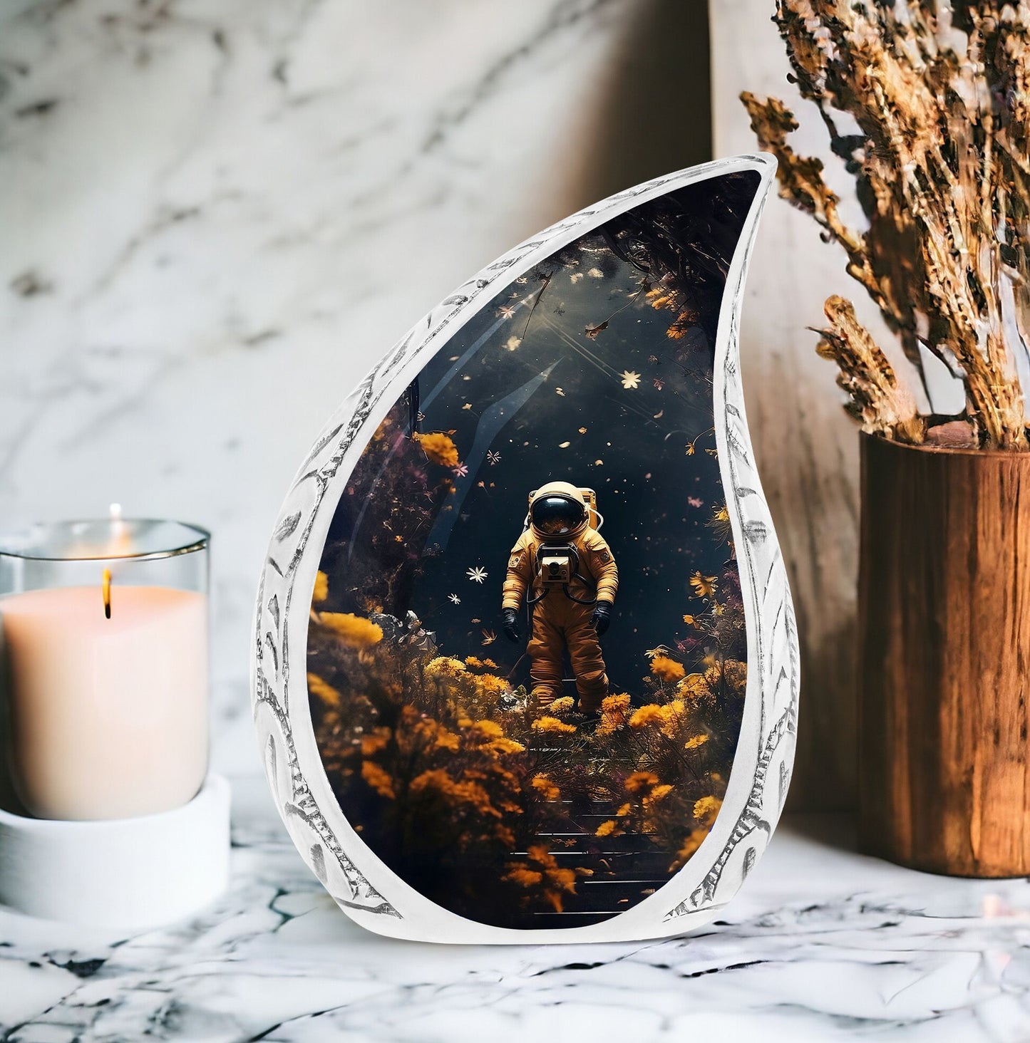 Unique large urn for men displaying an astronaut walking through a field of flowers, ideal for preserving adult human ashes.