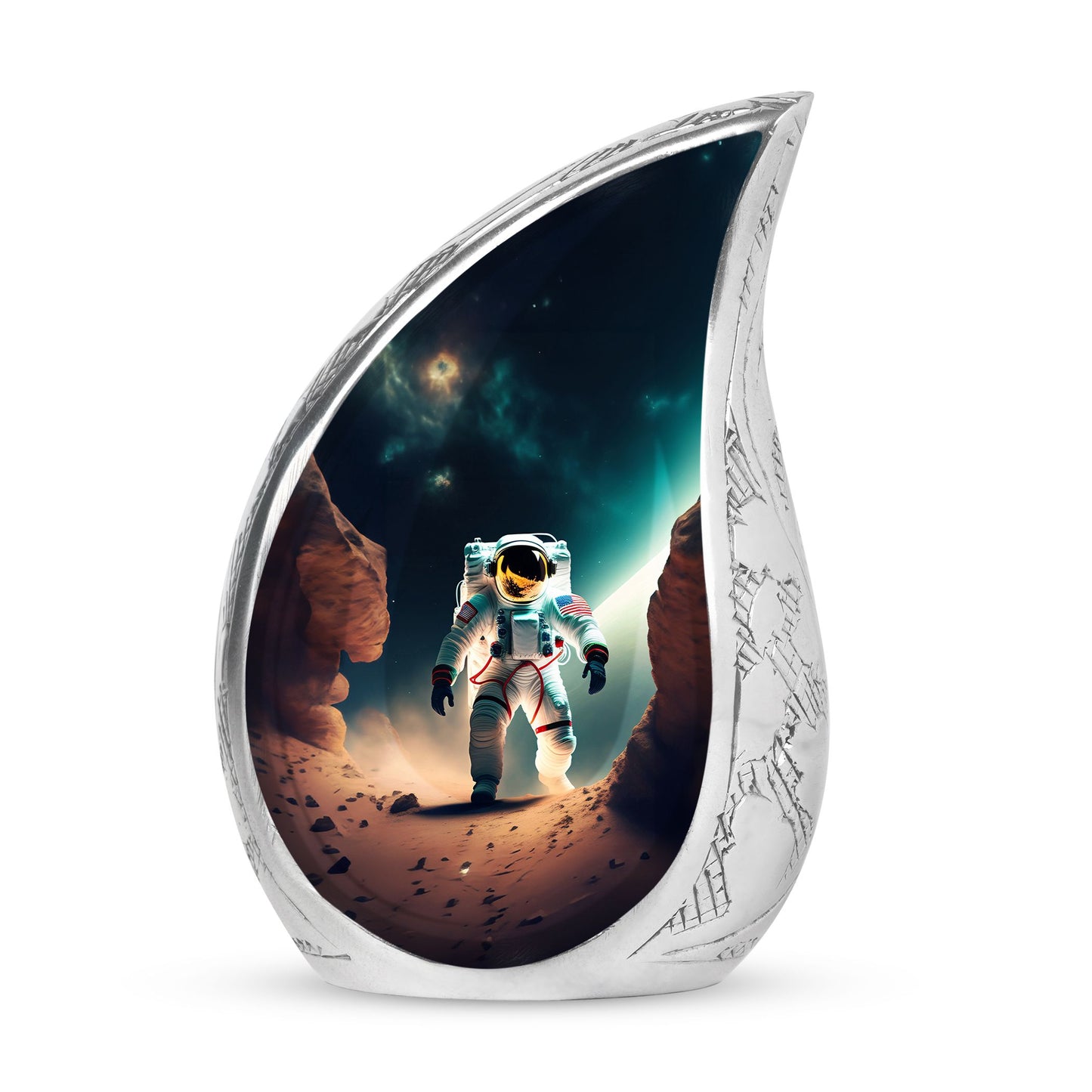 A large Astronaut themed burial urn, perfect for funeral decorations, holding adult human ashes, lit subtly