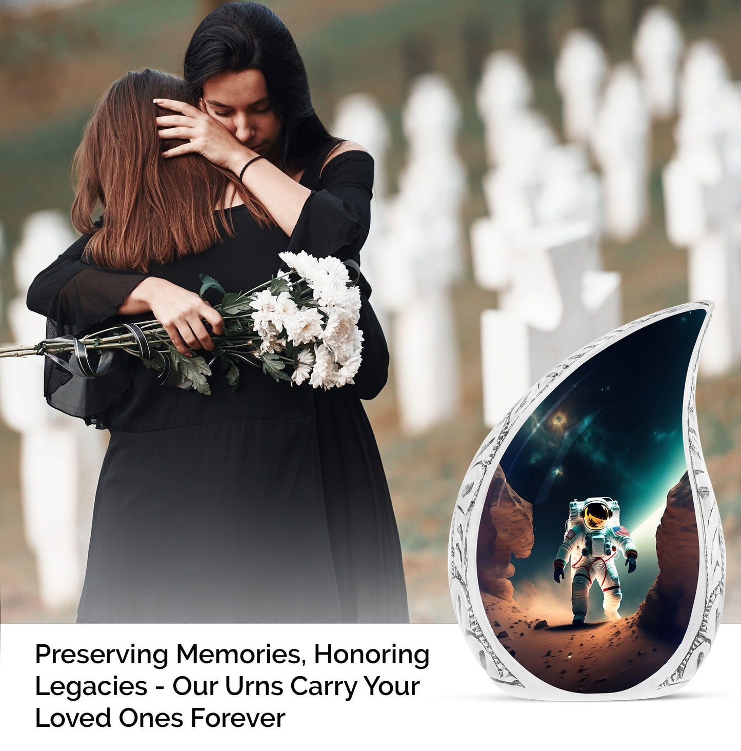 A large Astronaut themed burial urn, perfect for funeral decorations, holding adult human ashes, lit subtly