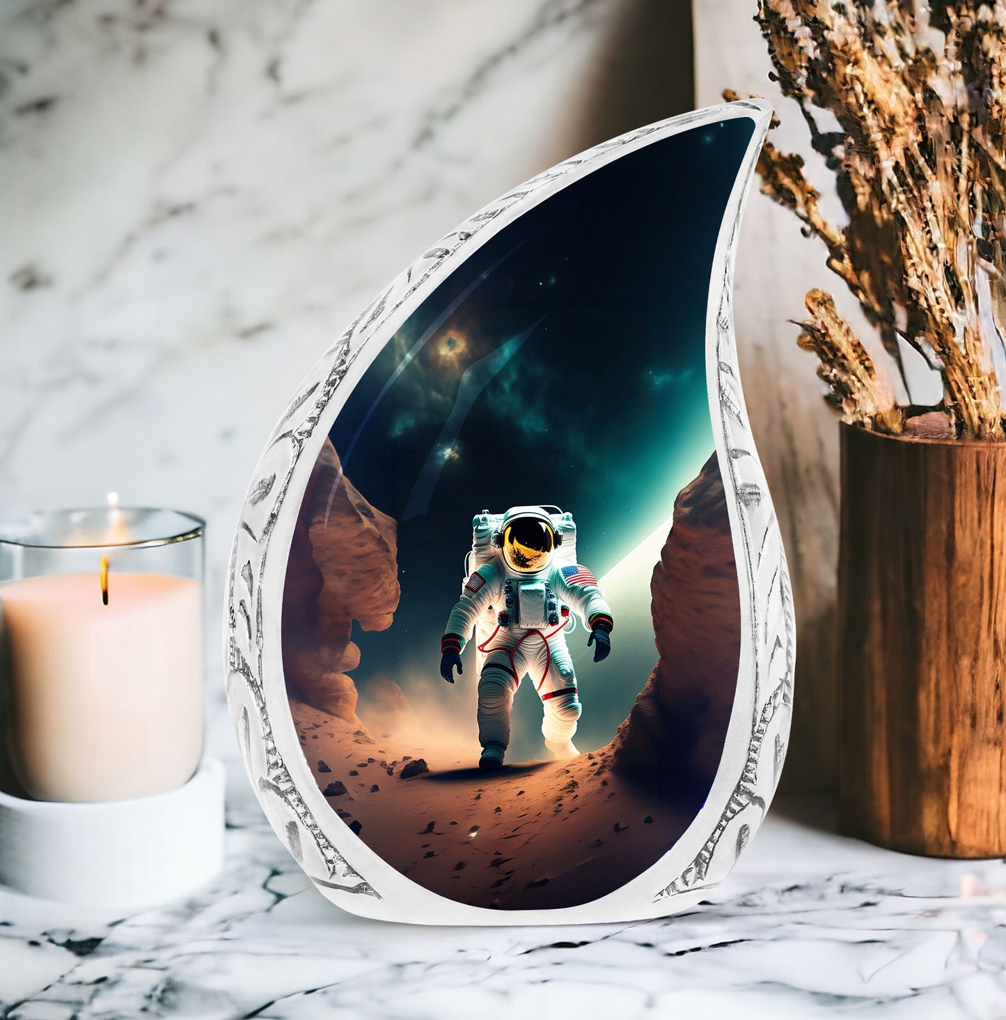 A large Astronaut themed burial urn, perfect for funeral decorations, holding adult human ashes, lit subtly