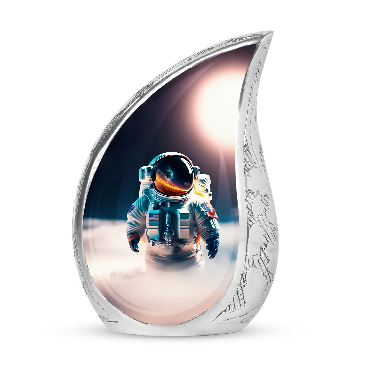 Large urn for adult ashes, featuring an astronaut and planet sunset imagery. Unique funeral urn choice for men