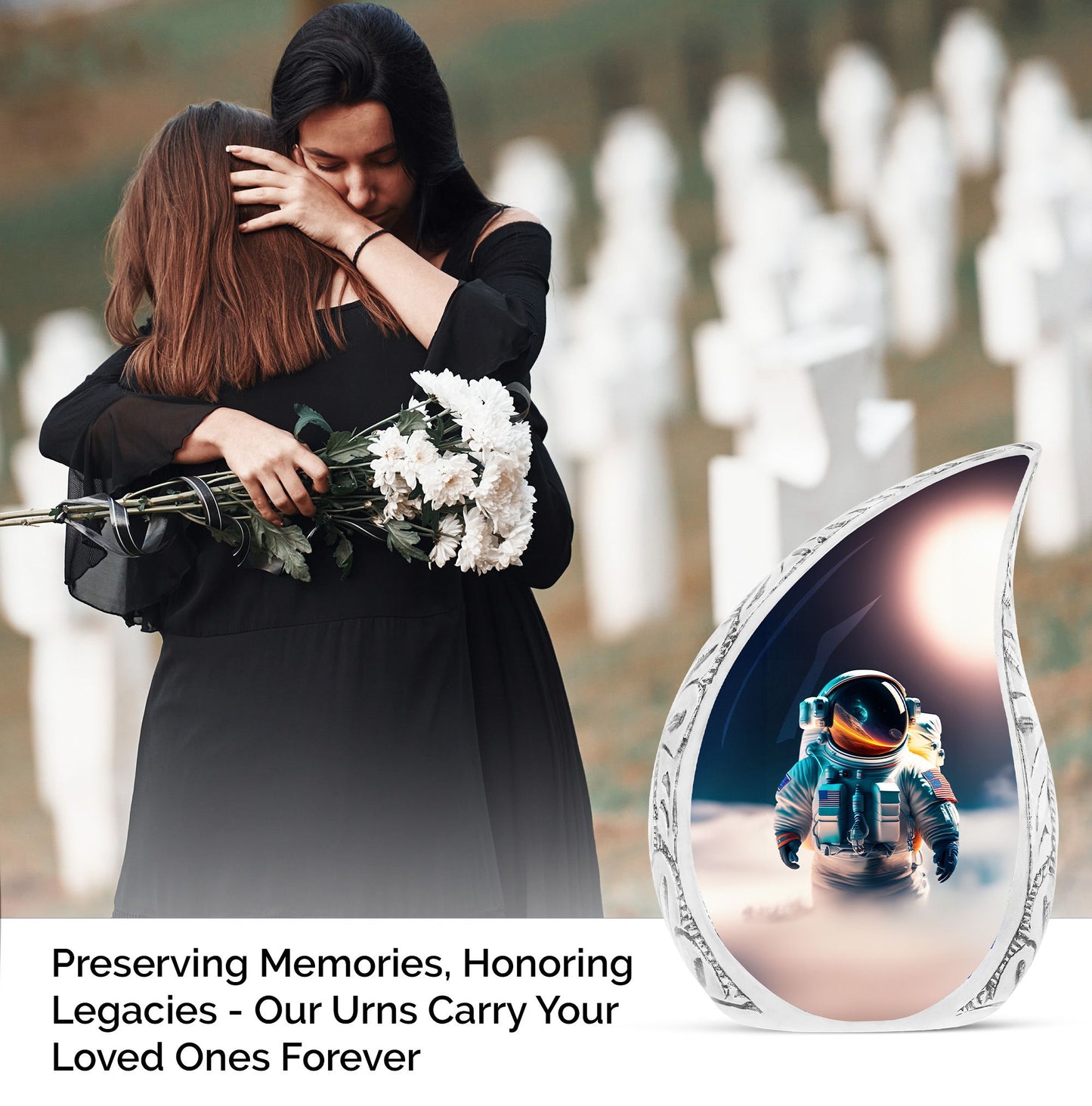 Large urn for adult ashes, featuring an astronaut and planet sunset imagery. Unique funeral urn choice for men