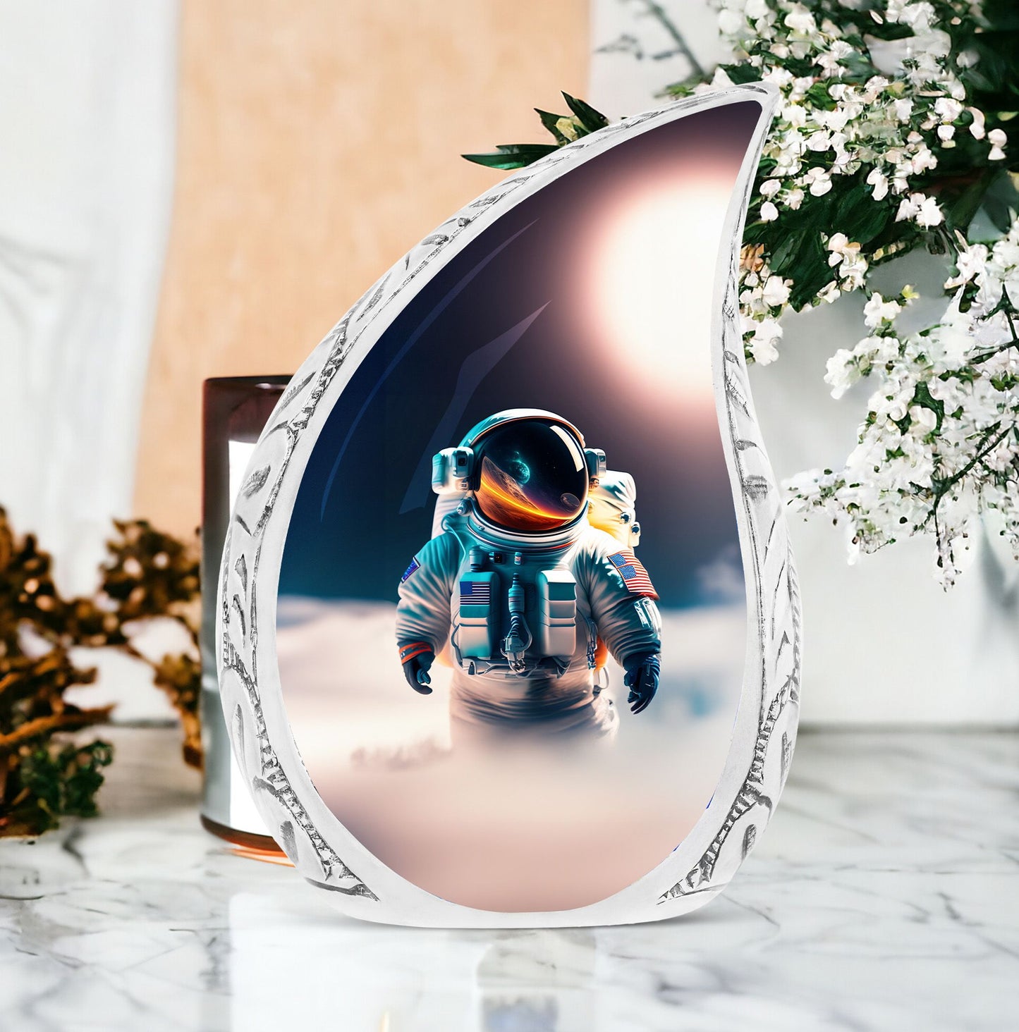 Large urn for adult ashes, featuring an astronaut and planet sunset imagery. Unique funeral urn choice for men