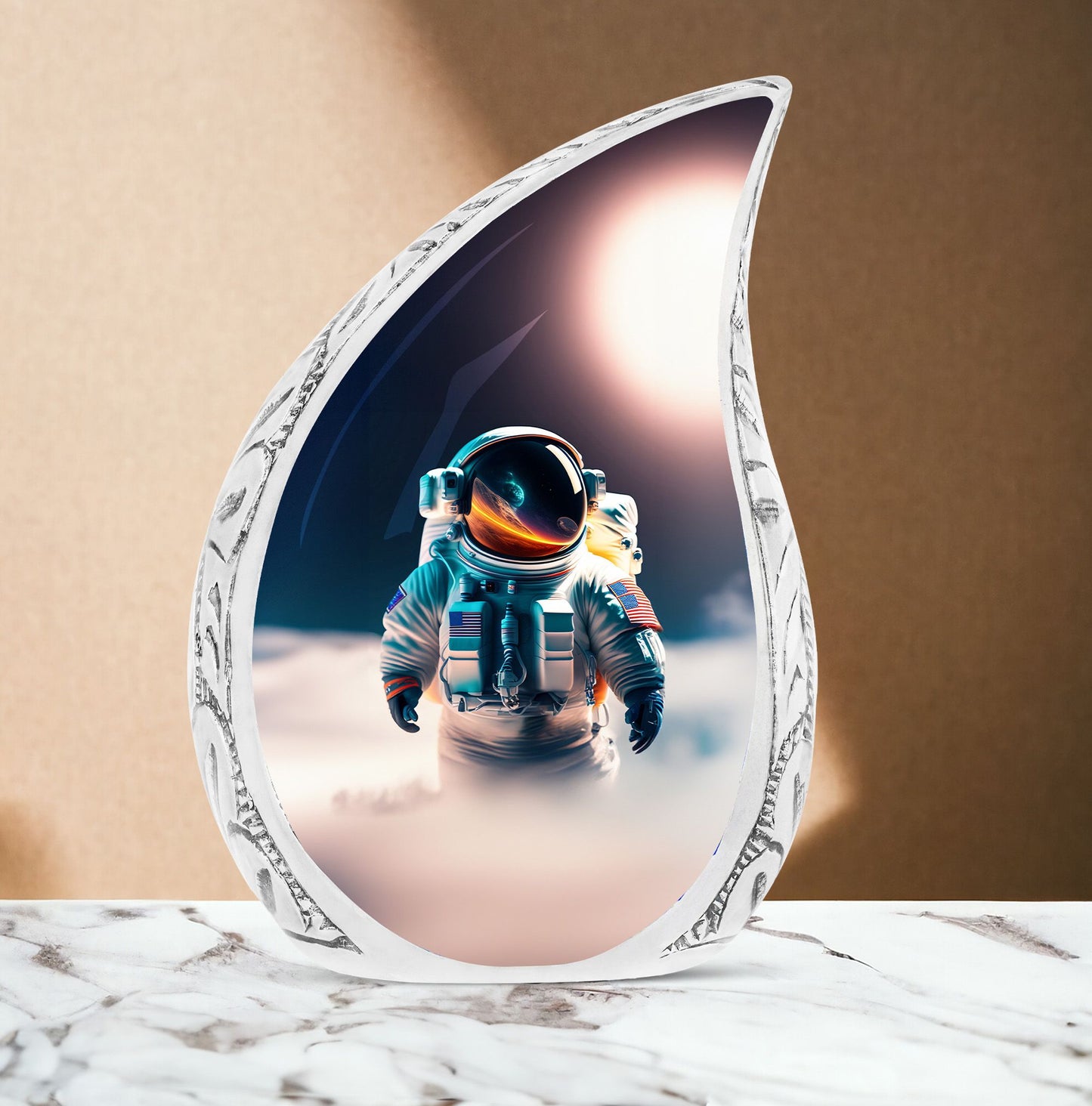 Large urn for adult ashes, featuring an astronaut and planet sunset imagery. Unique funeral urn choice for men