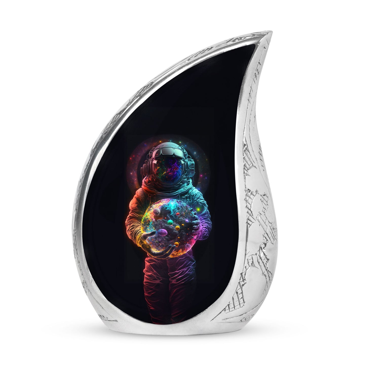 Creative image of an astronaut holding a vibrant planet, designed as a large urn for human ashes or cremains