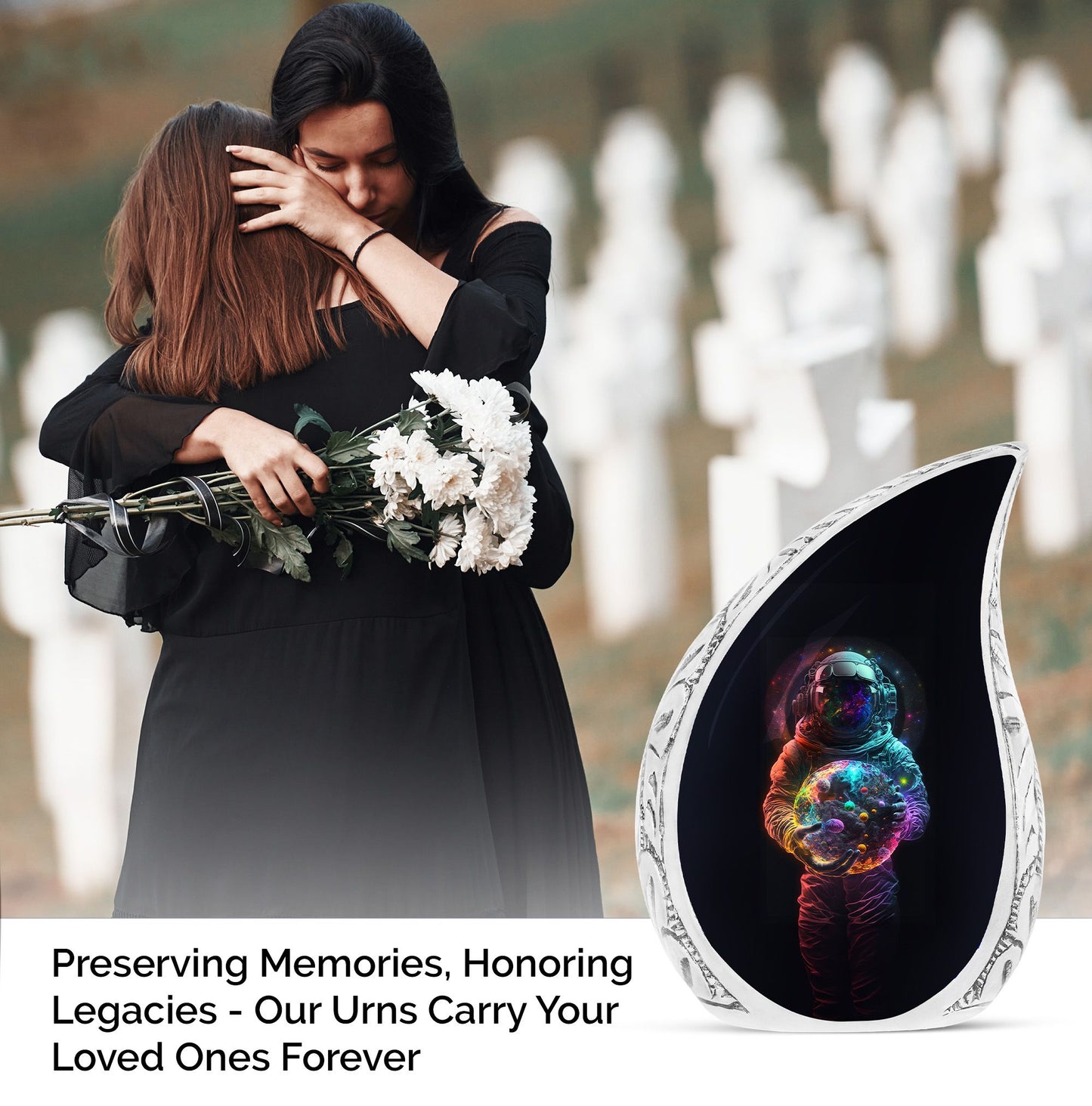 Creative image of an astronaut holding a vibrant planet, designed as a large urn for human ashes or cremains