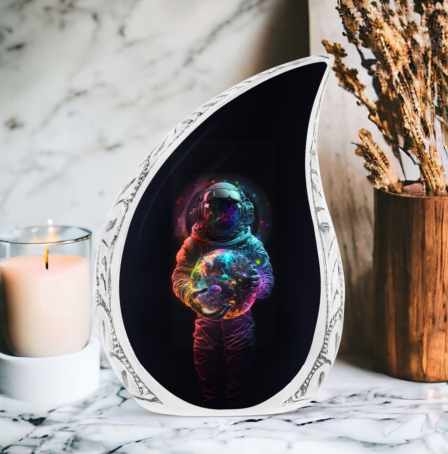 Creative image of an astronaut holding a vibrant planet, designed as a large urn for human ashes or cremains