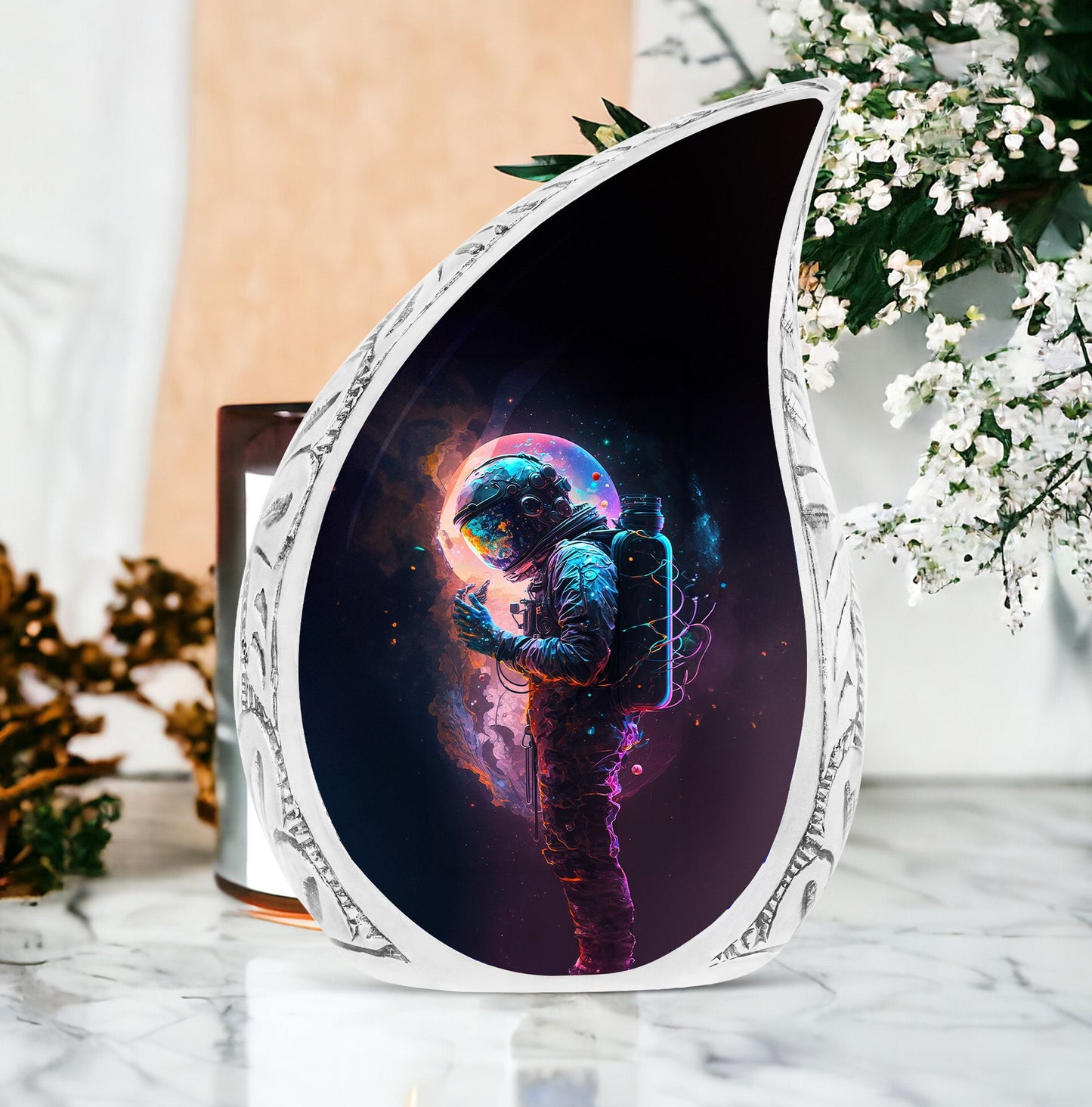 Large Astronaut Digital Art Burial urn, a unique cremation container for ashes of adults