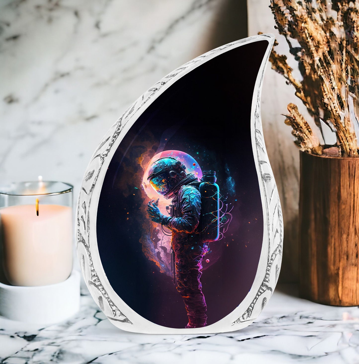 Large Astronaut Digital Art Burial urn, a unique cremation container for ashes of adults