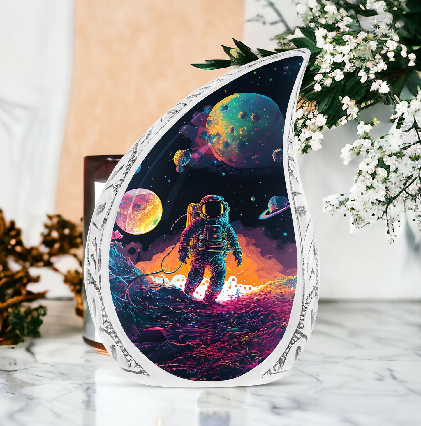 Large urn with astronaut space walk design, ideal for adult human ashes, suitable as a memorial or funeral ash holder
