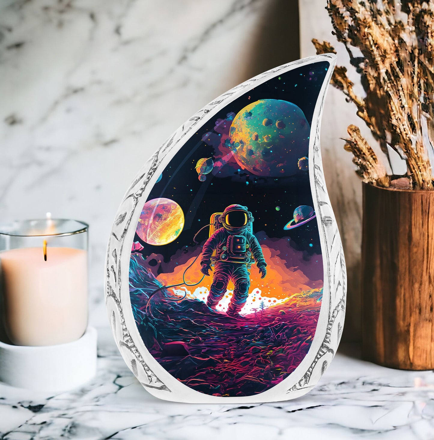 Large urn with astronaut space walk design, ideal for adult human ashes, suitable as a memorial or funeral ash holder