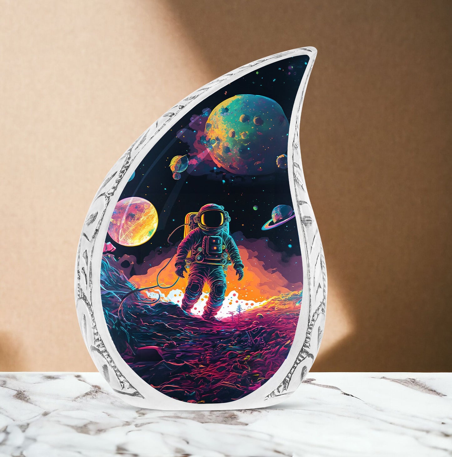 Large urn with astronaut space walk design, ideal for adult human ashes, suitable as a memorial or funeral ash holder