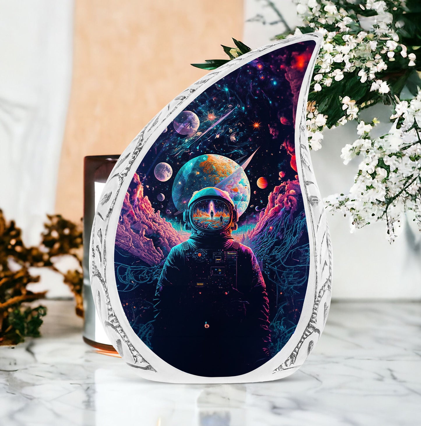 Large urn for adult male ashes featuring space scene with astronaut, ideal for funeral or cremation