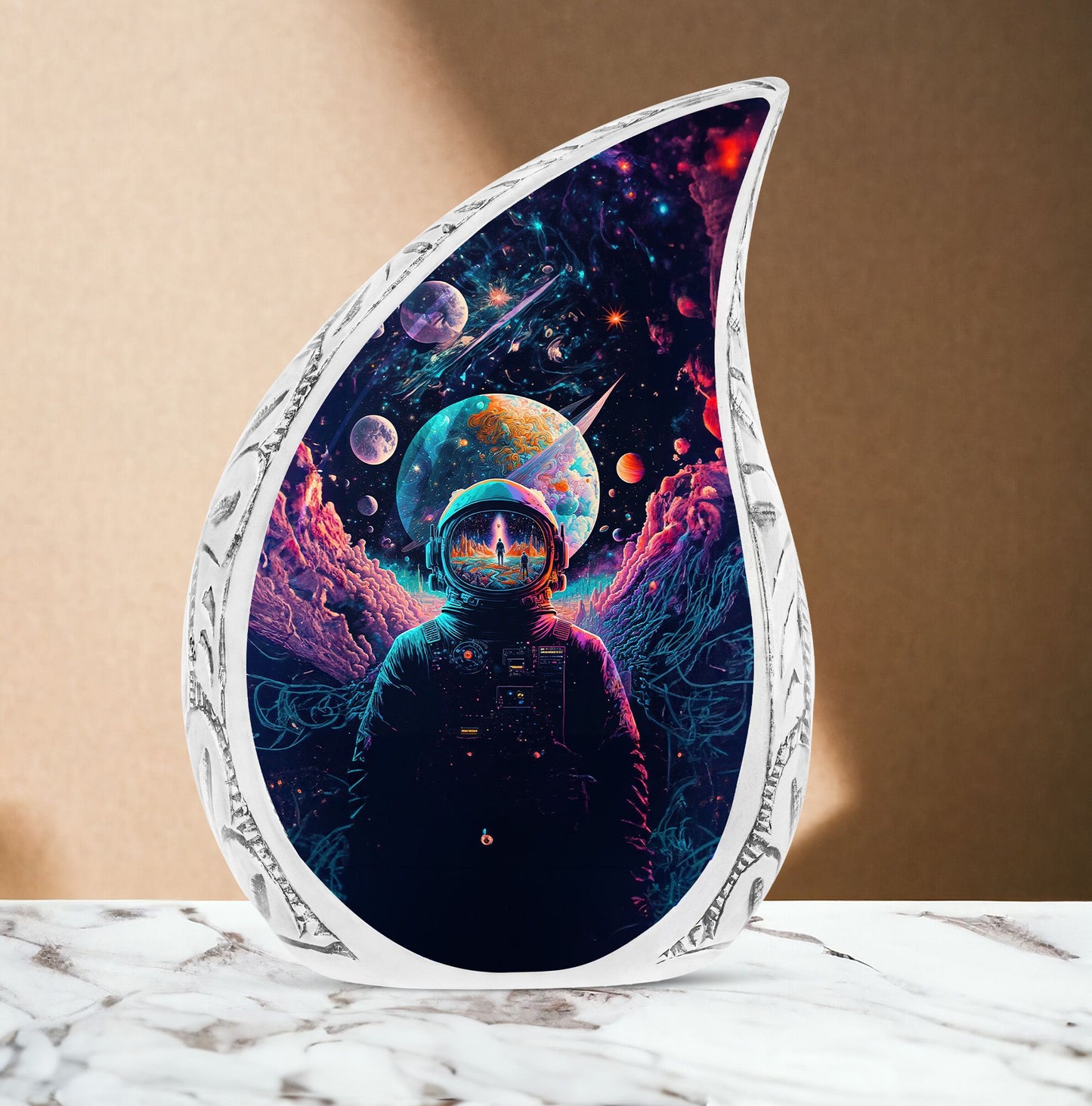 Large urn for adult male ashes featuring space scene with astronaut, ideal for funeral or cremation